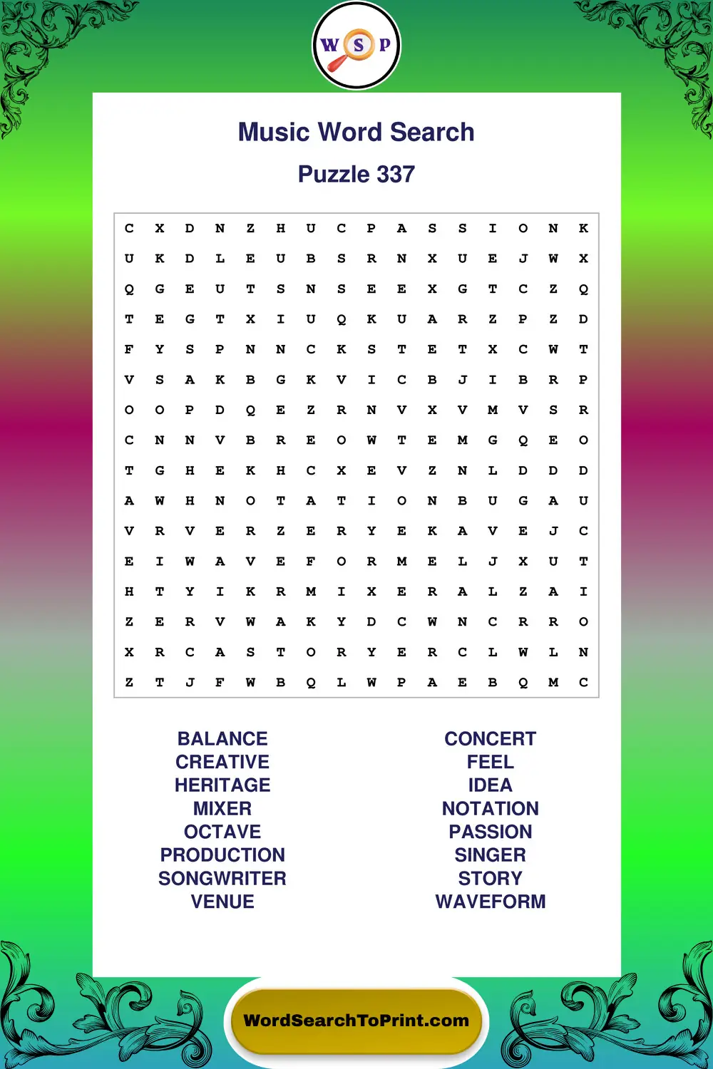 Music Word Search Puzzle 337
