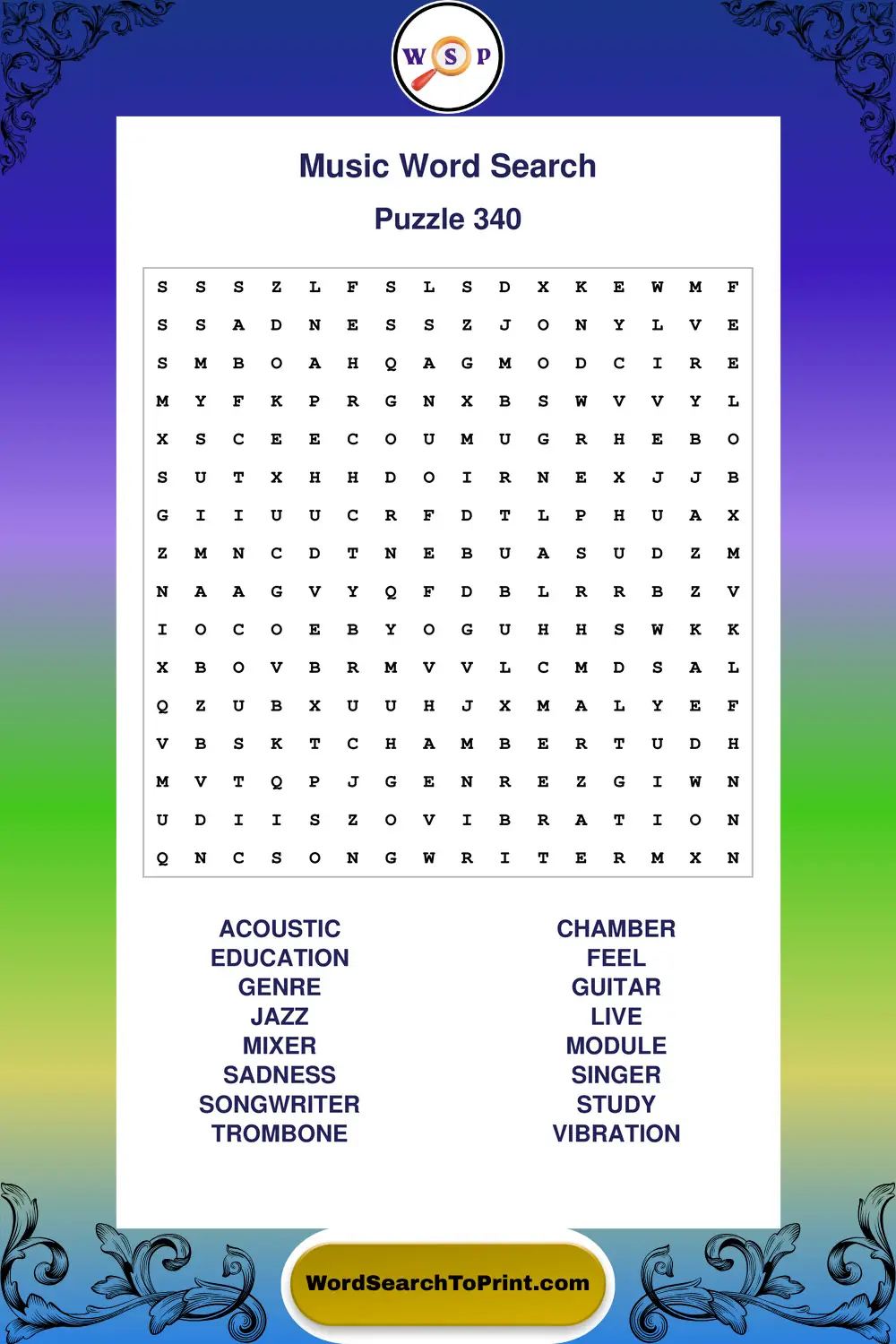 Music Word Search Puzzle 340