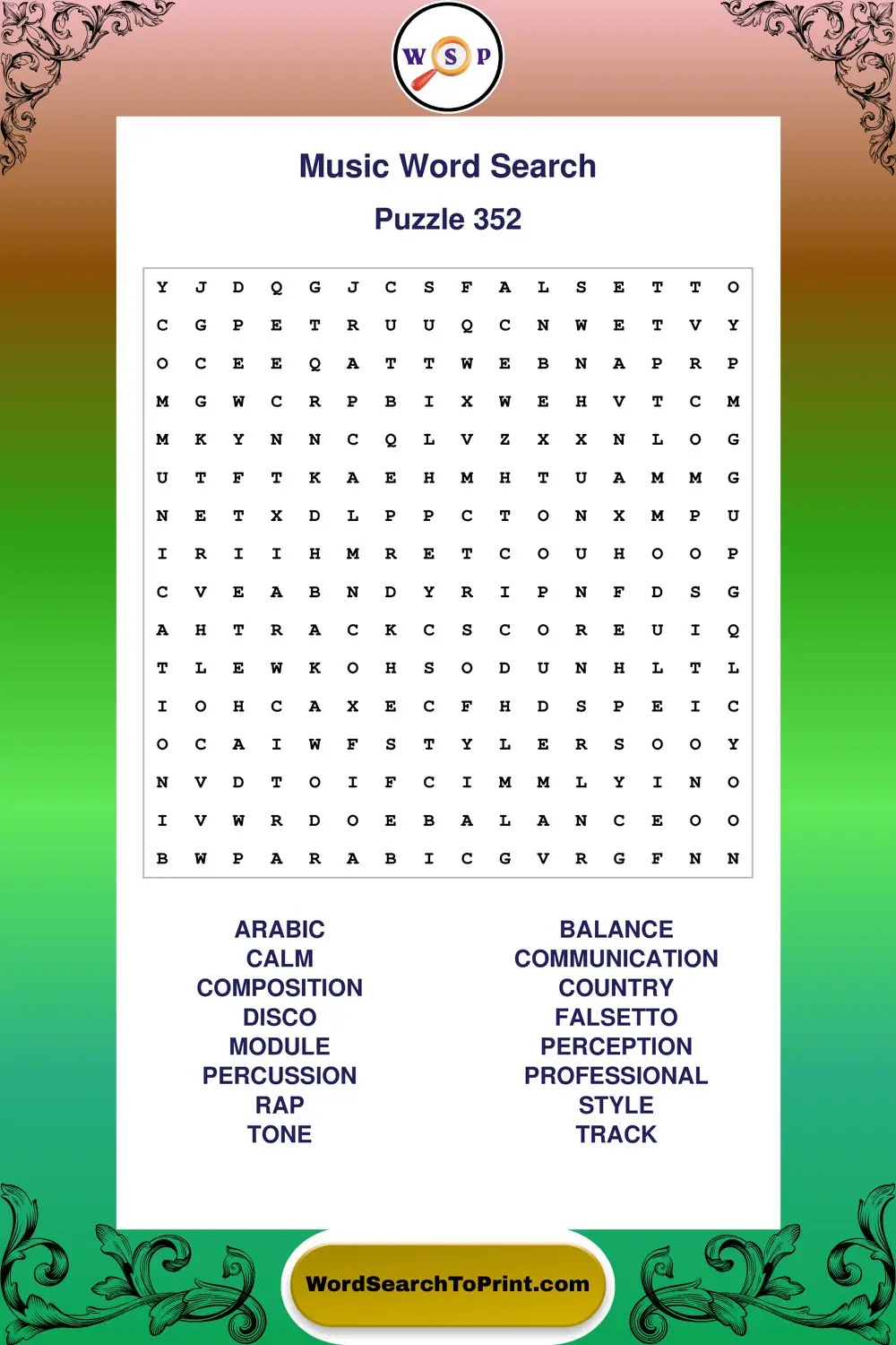 Music Word Search Puzzle 352