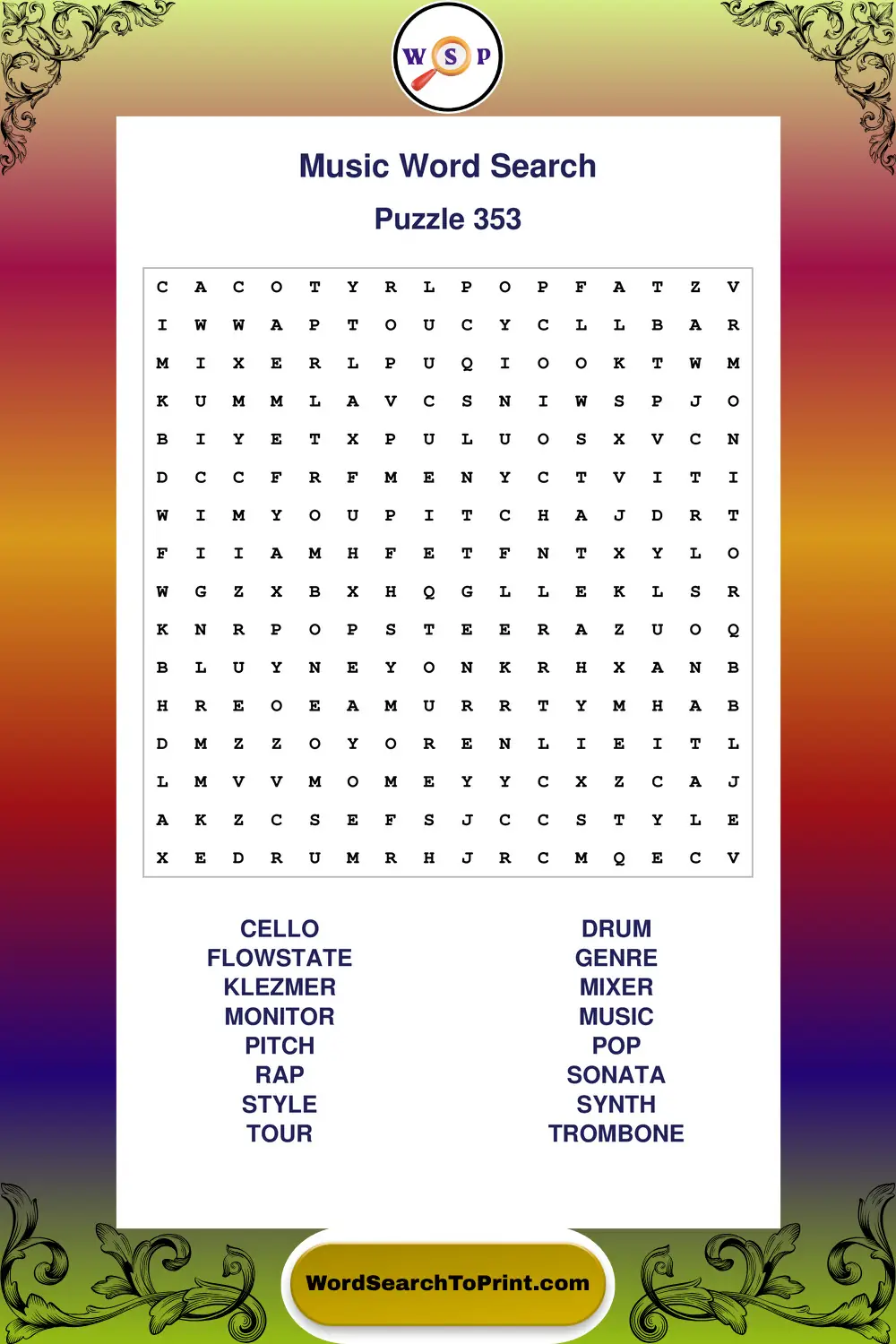 Music Word Search Puzzle 353