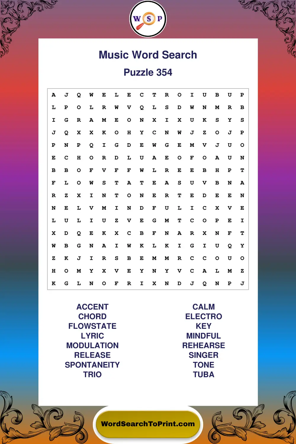 Music Word Search Puzzle 354
