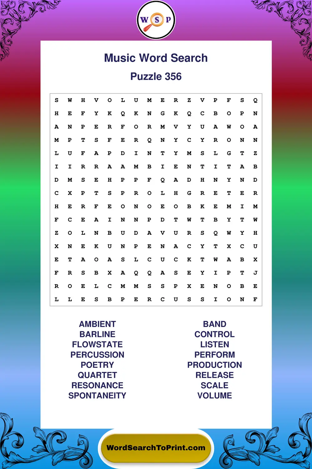Music Word Search Puzzle 356
