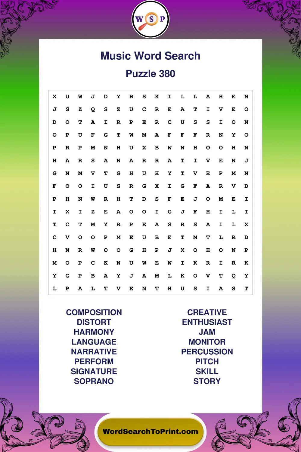 Music Word Search Puzzle 380