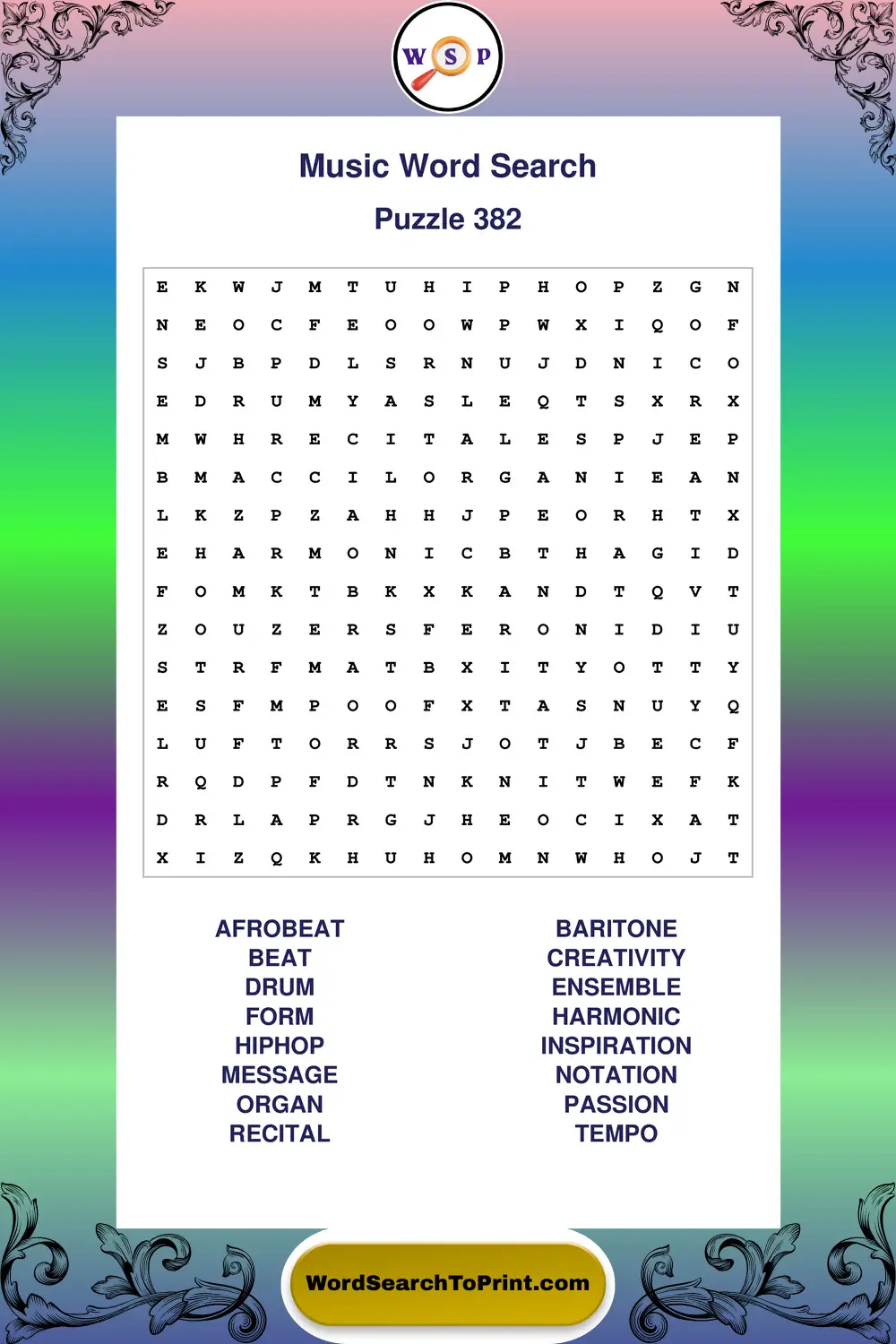 Music Word Search Puzzle 382