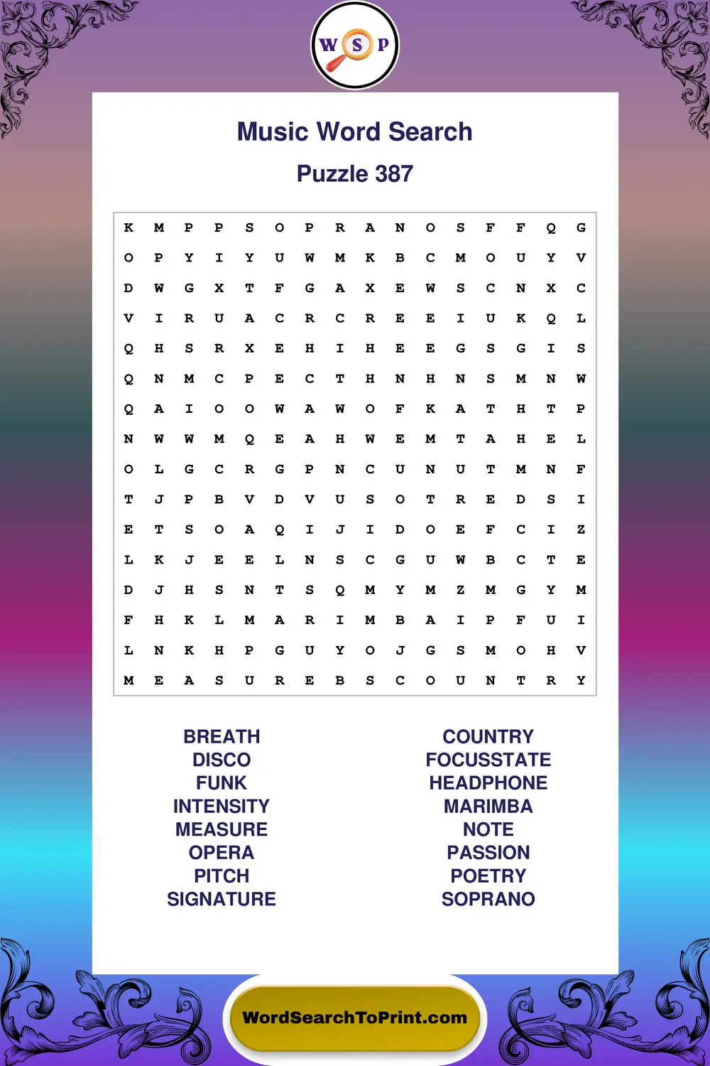 Music Word Search Puzzle 387