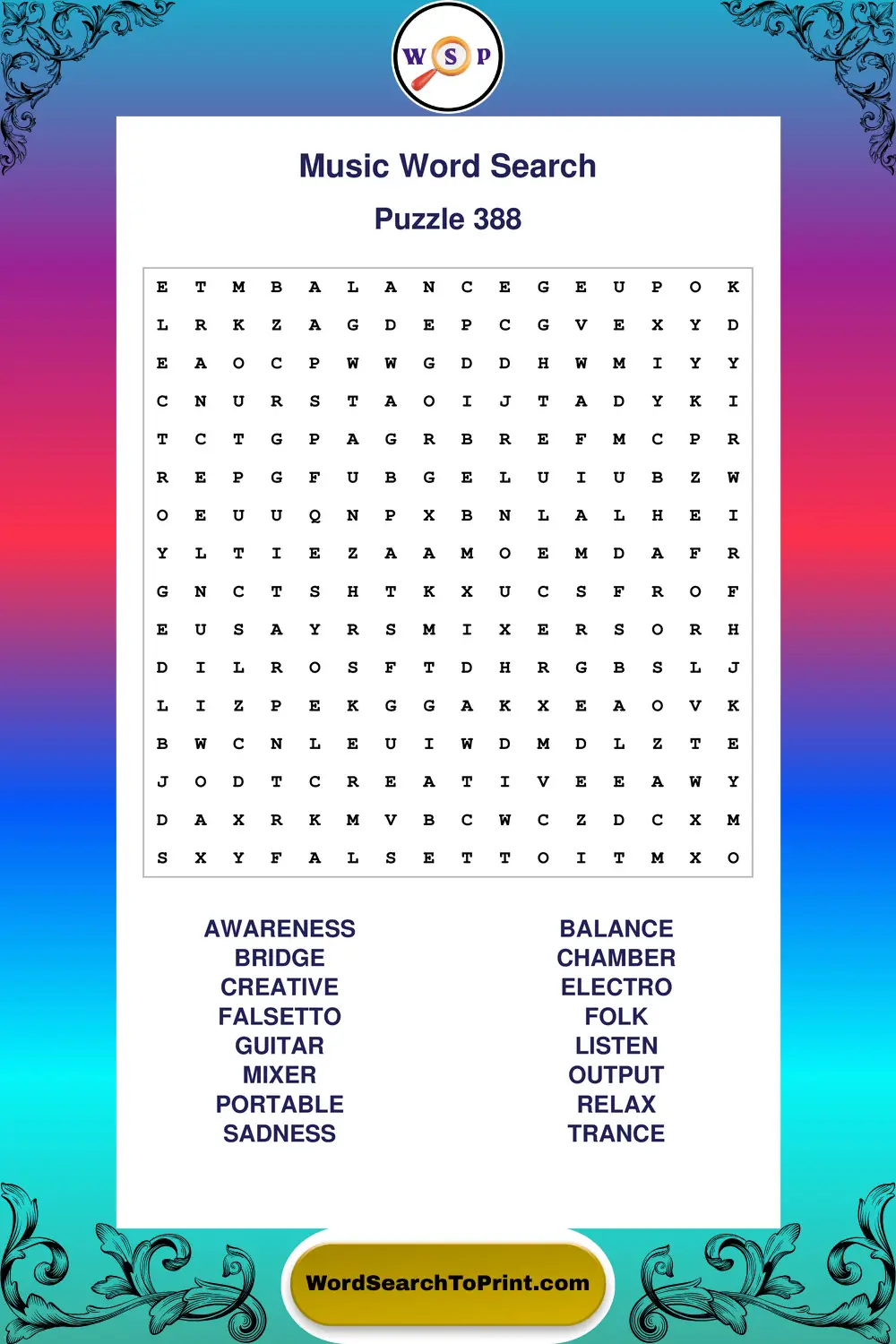 Music Word Search Puzzle 388