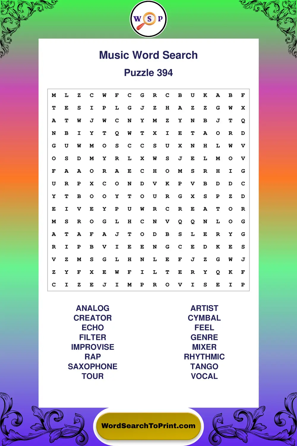Music Word Search Puzzle 394