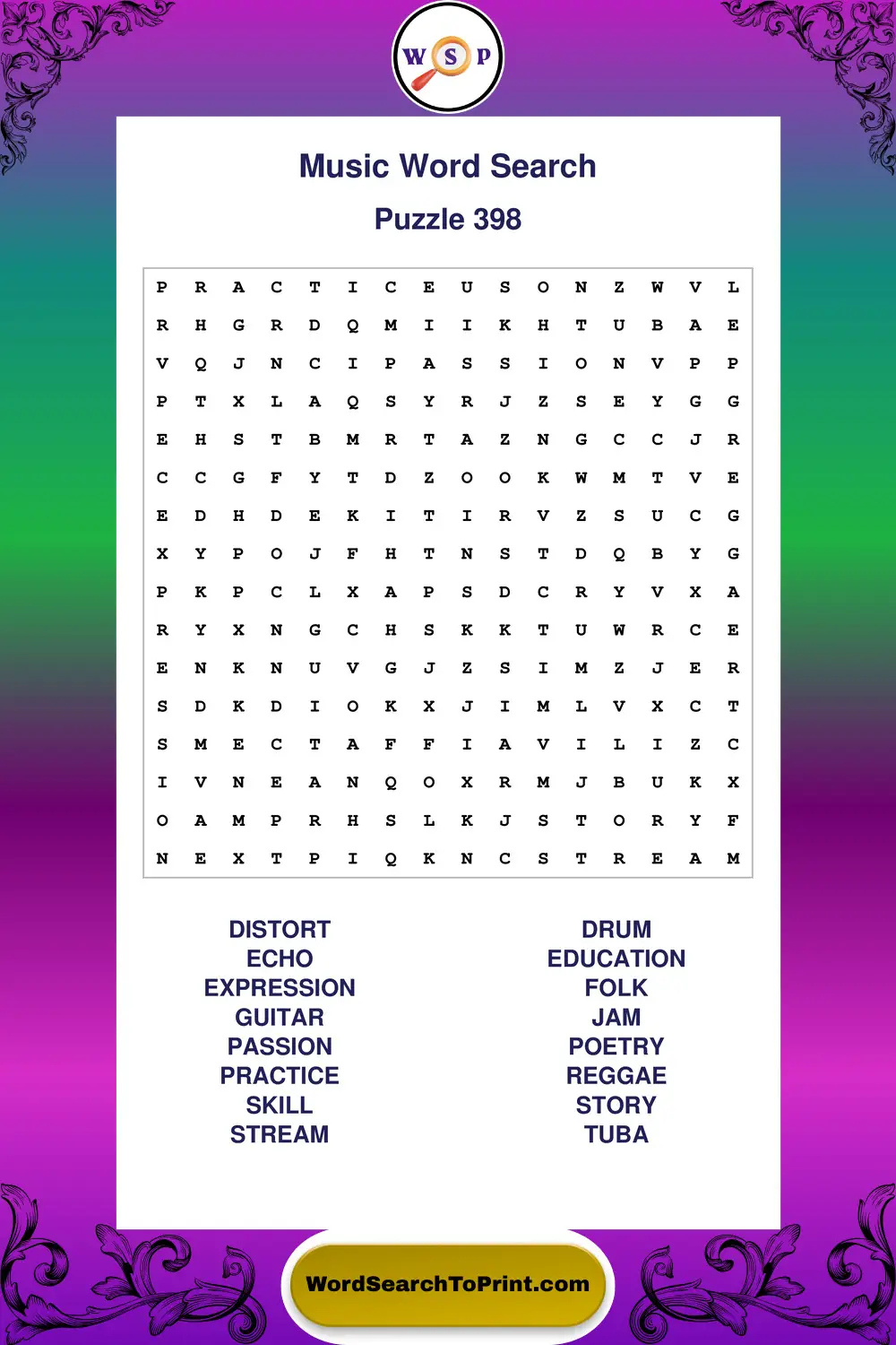 Music Word Search Puzzle 398