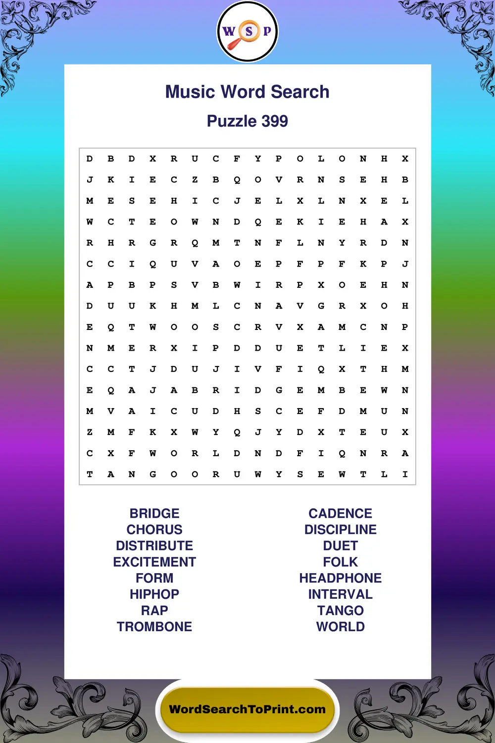 Music Word Search Puzzle 399