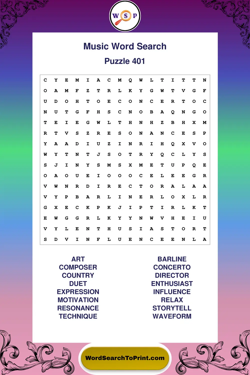Music Word Search Puzzle 401