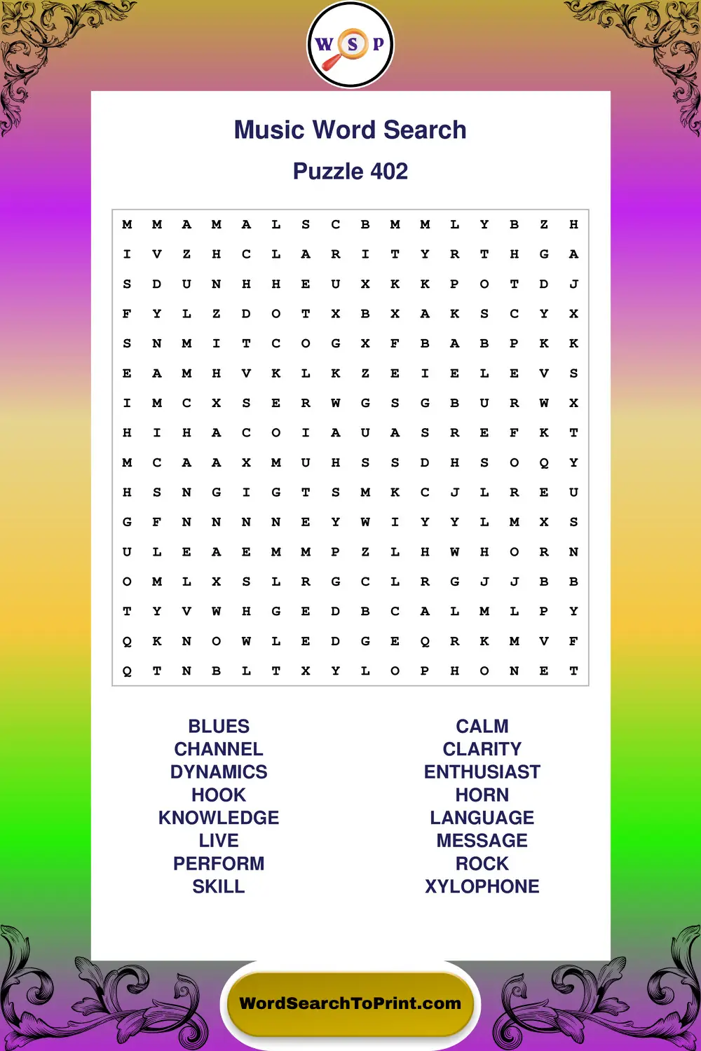 Music Word Search Puzzle 402