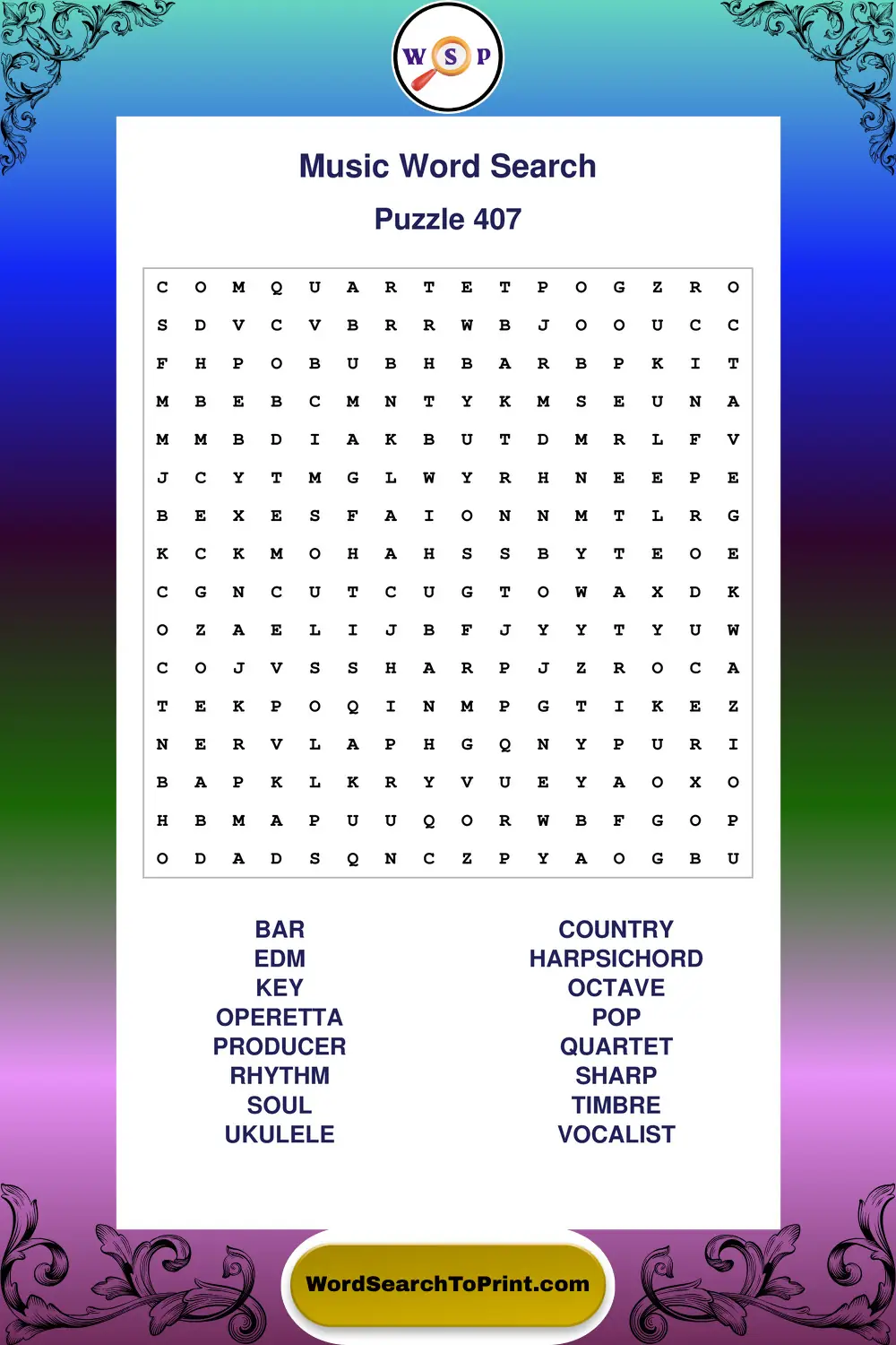 Music Word Search Puzzle 407