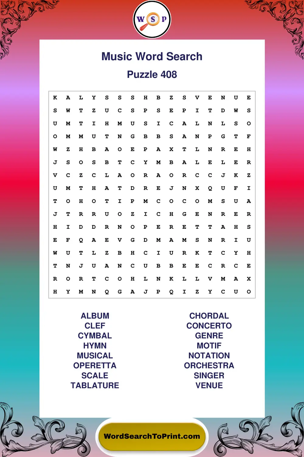 Music Word Search Puzzle 408