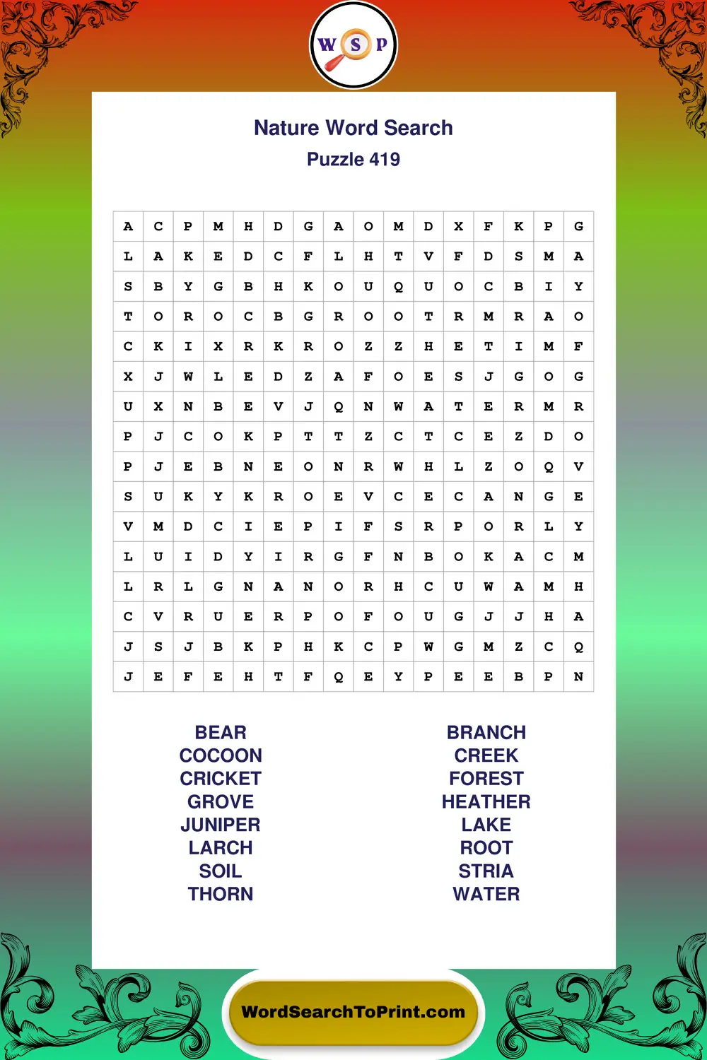 Nature Word Search Puzzle 419