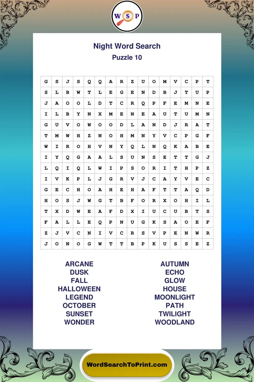 Night Word Search Puzzle 10