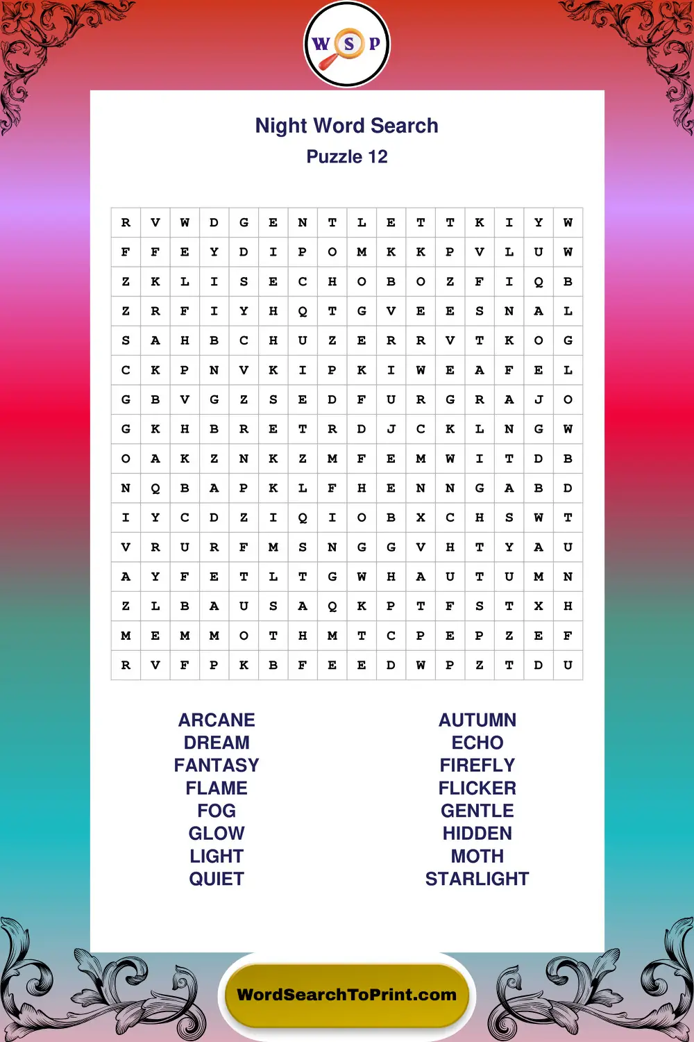 Night Word Search Puzzle 12
