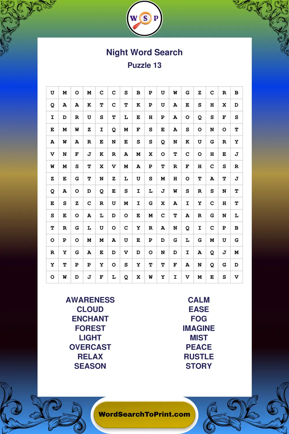 Night Word Search Puzzle 13