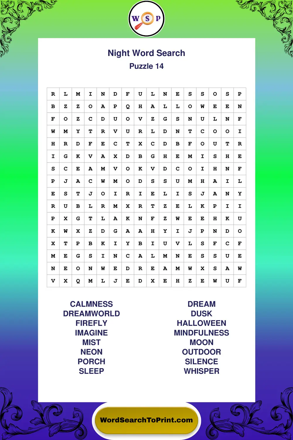 Night Word Search Puzzle 14