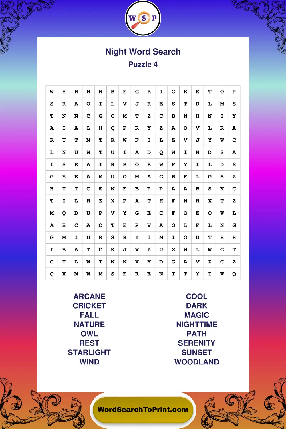 Night Word Search Puzzle 4