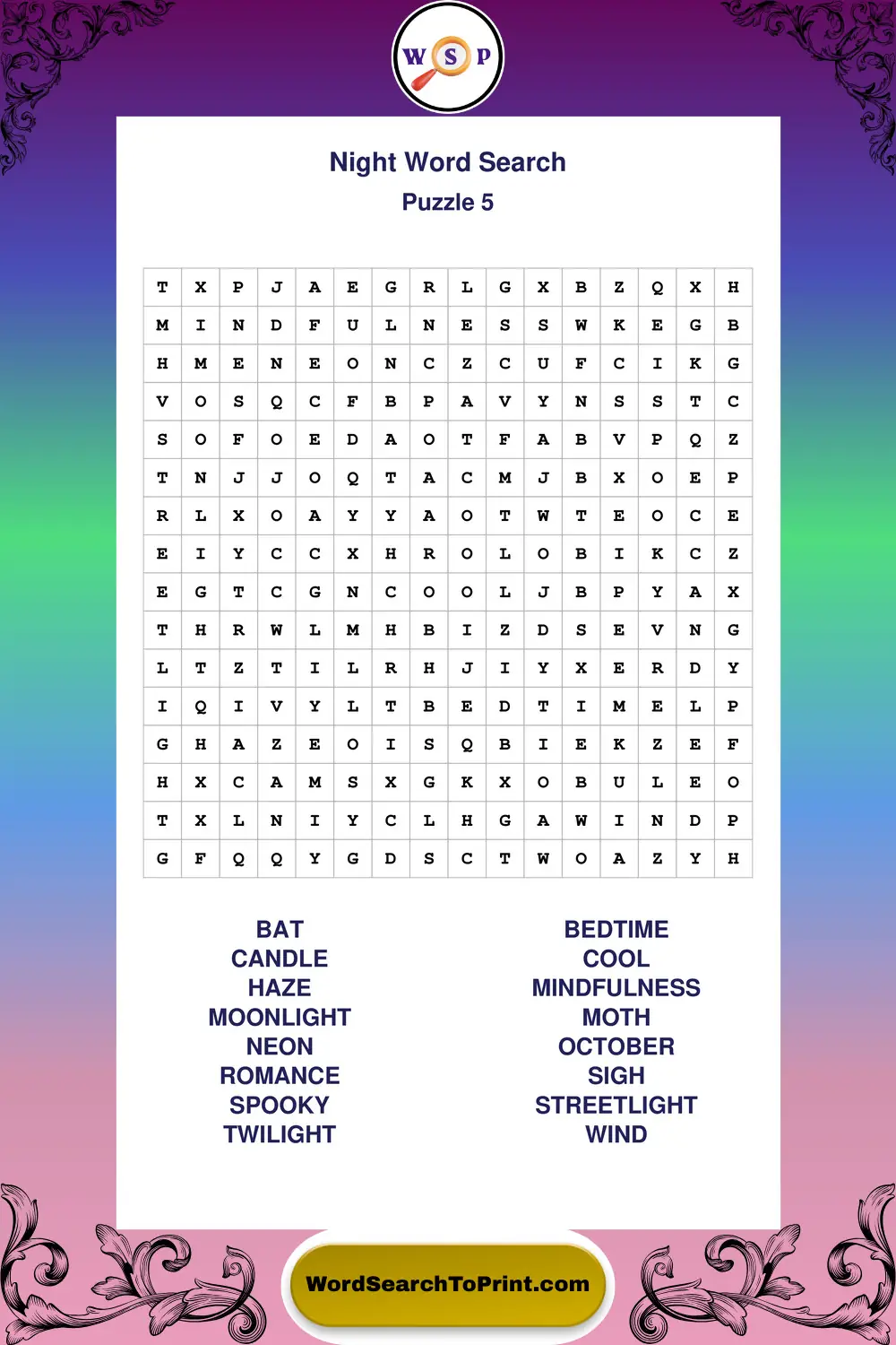 Night Word Search Puzzle 5