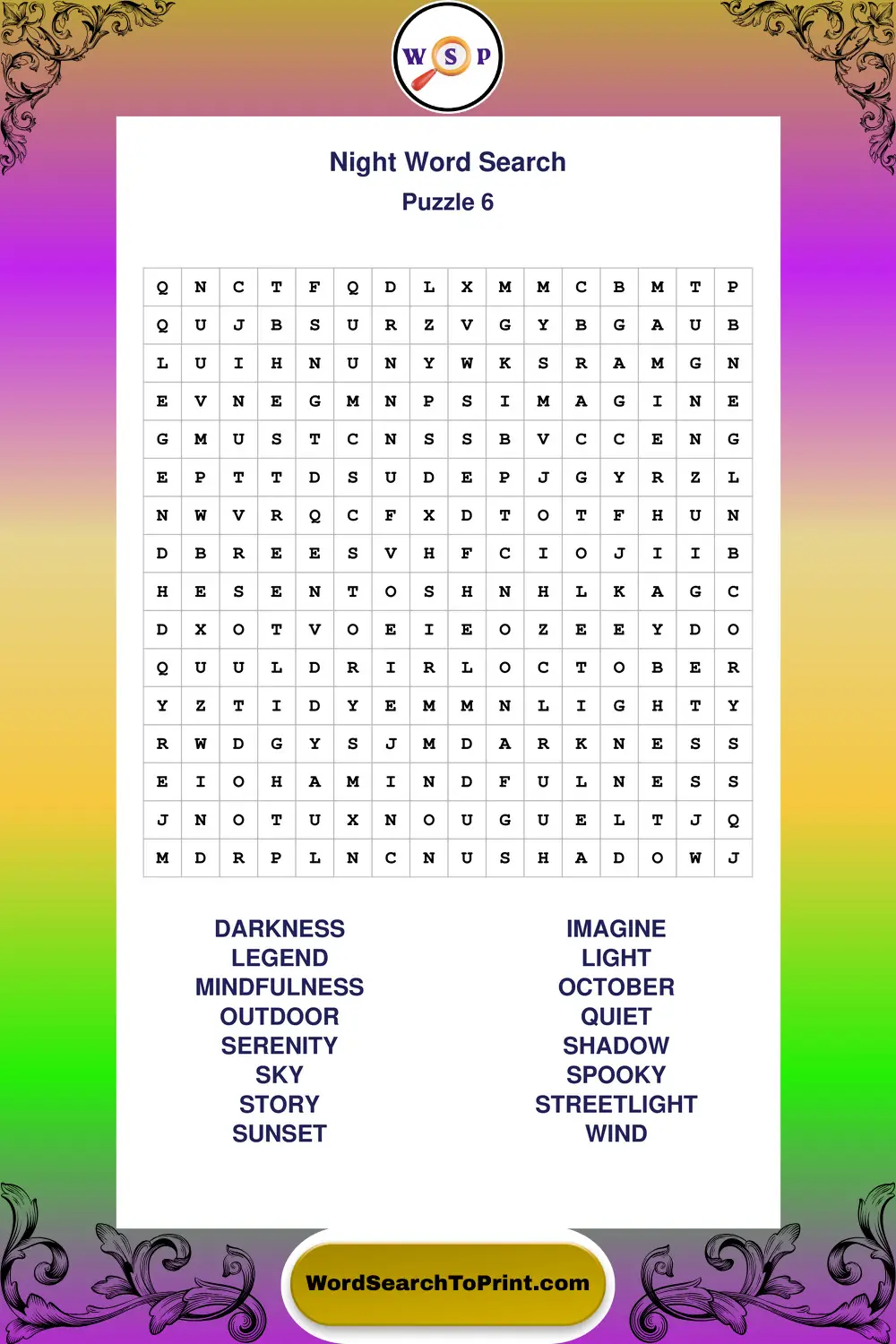 Night Word Search Puzzle 6