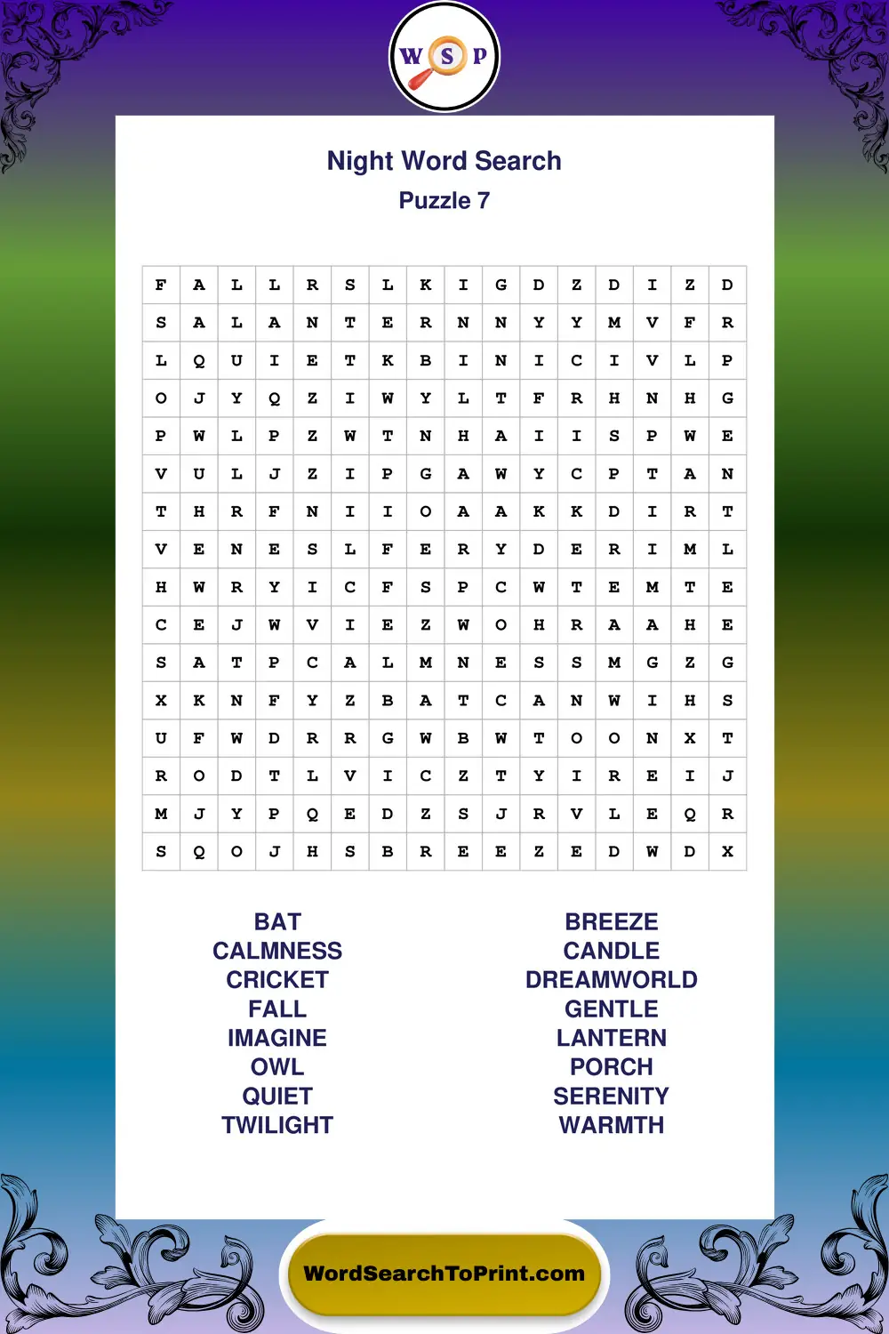 Night Word Search Puzzle 7