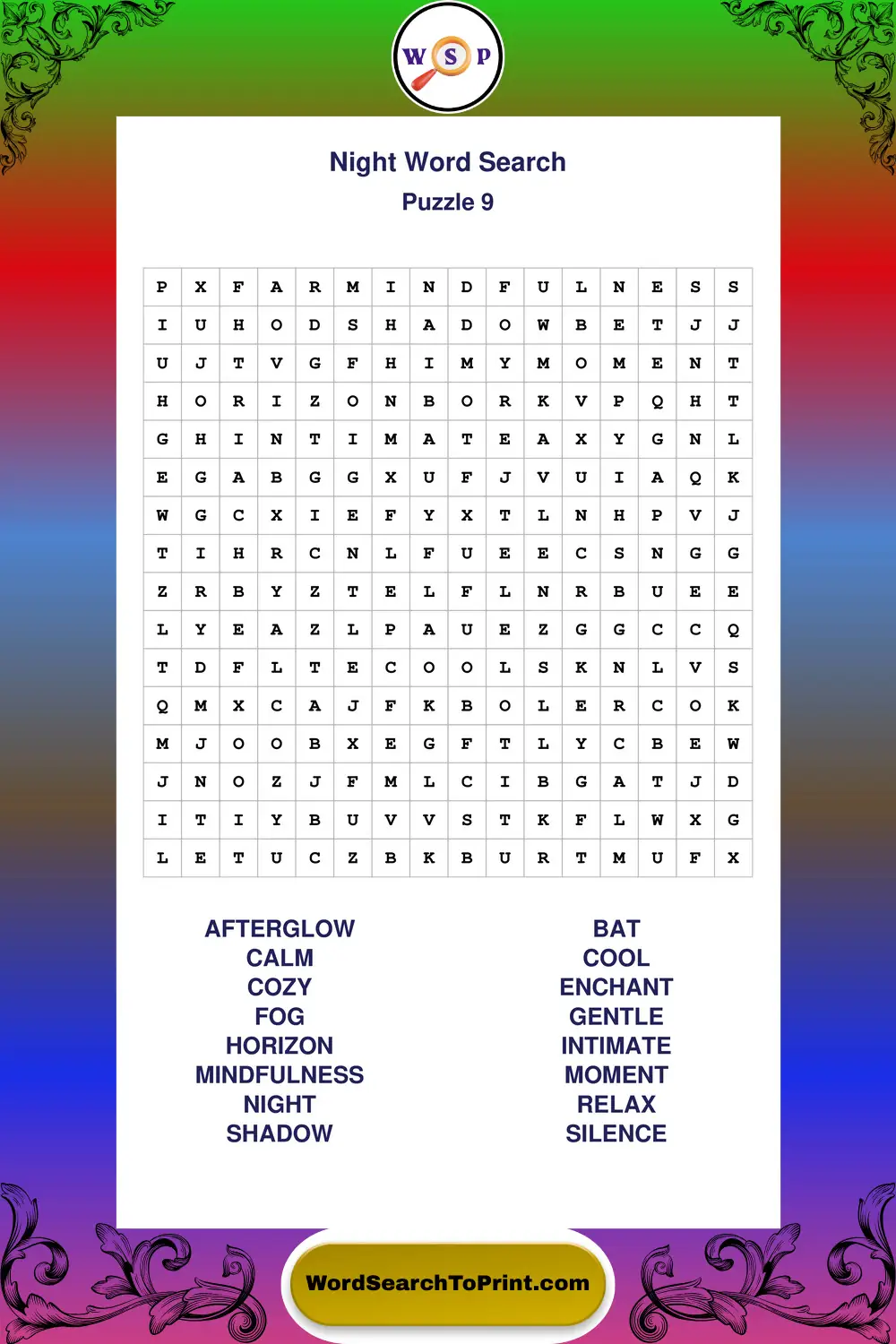 Night Word Search Puzzle 9