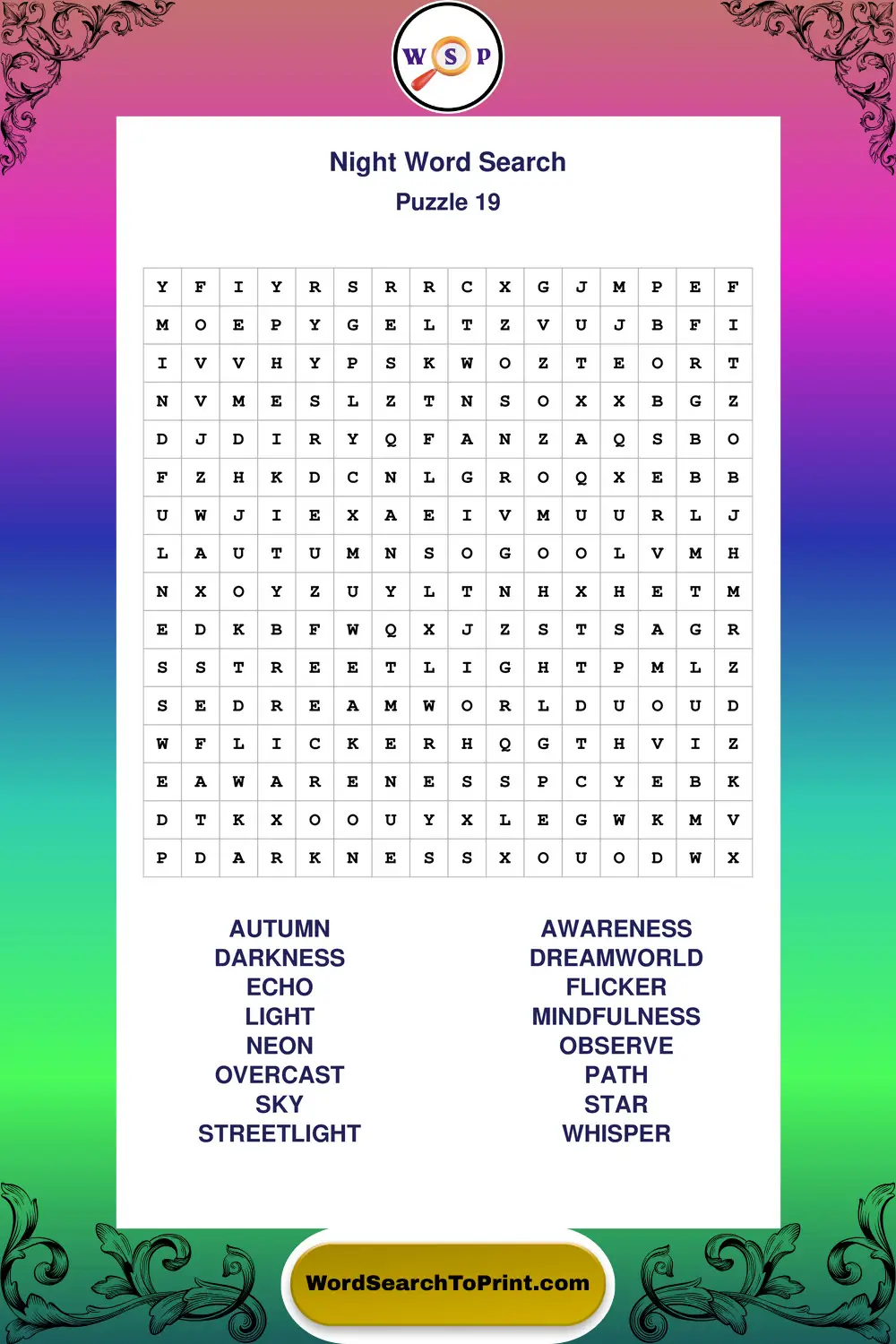 Night Word Search Puzzle 19