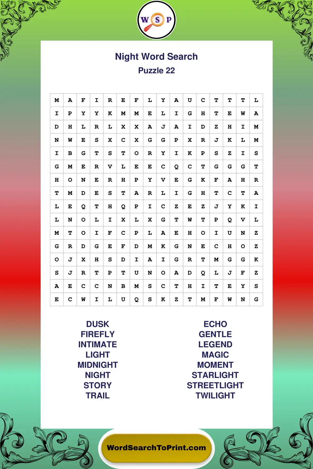 Night Word Search Puzzle 22