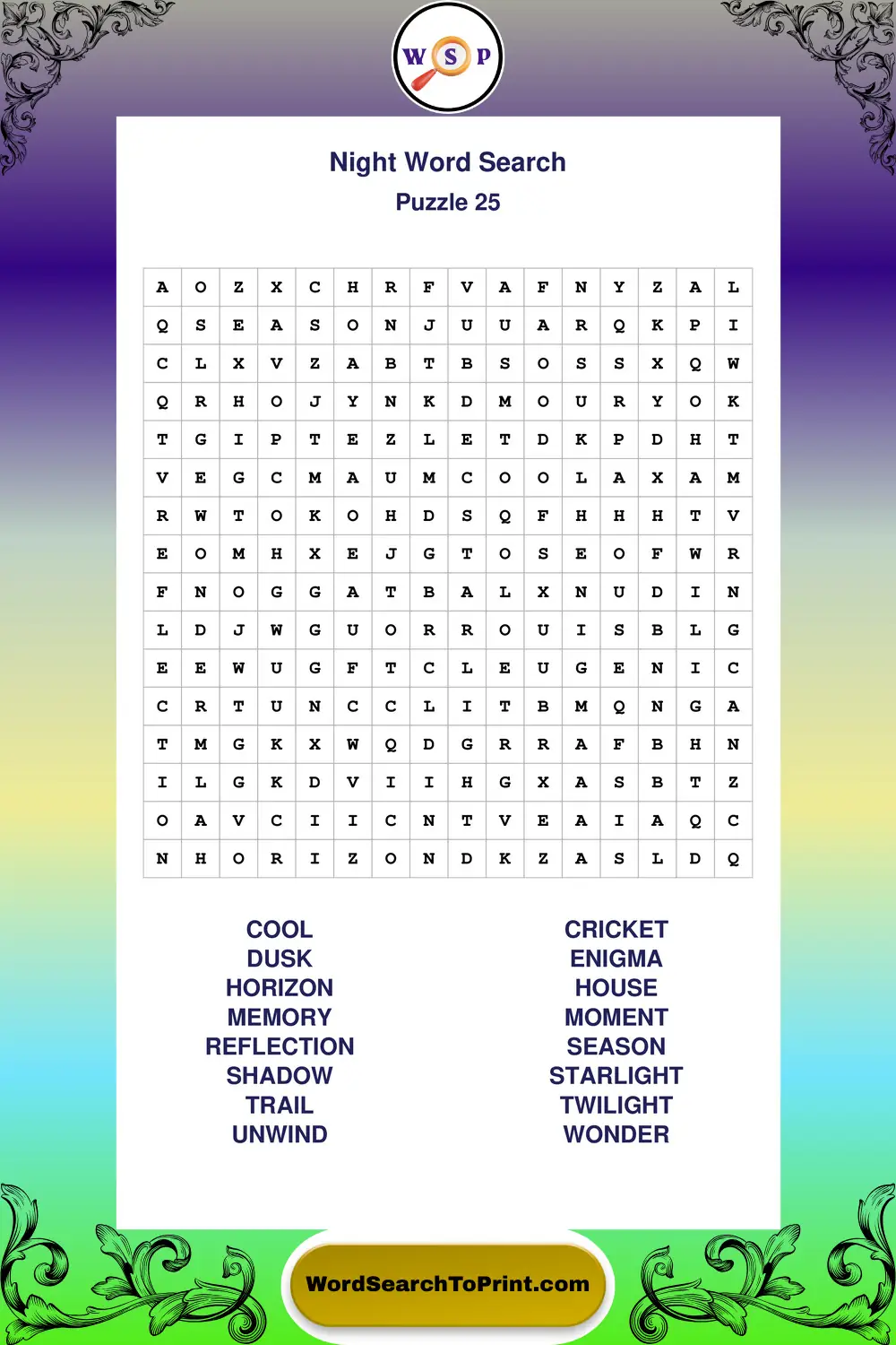 Night Word Search Puzzle 25