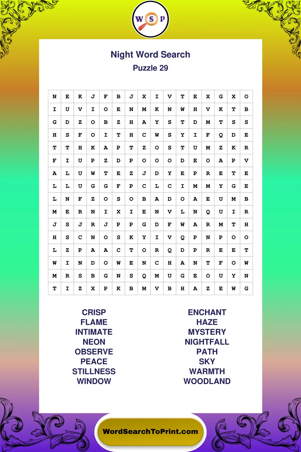 Night Word Search Puzzle 29
