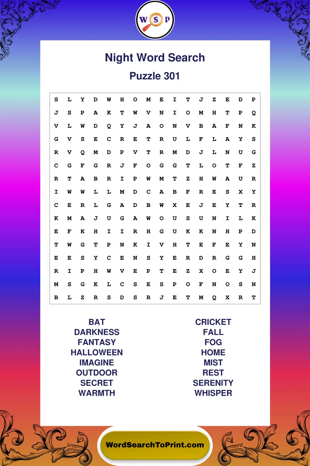 Night Word Search Puzzle 301