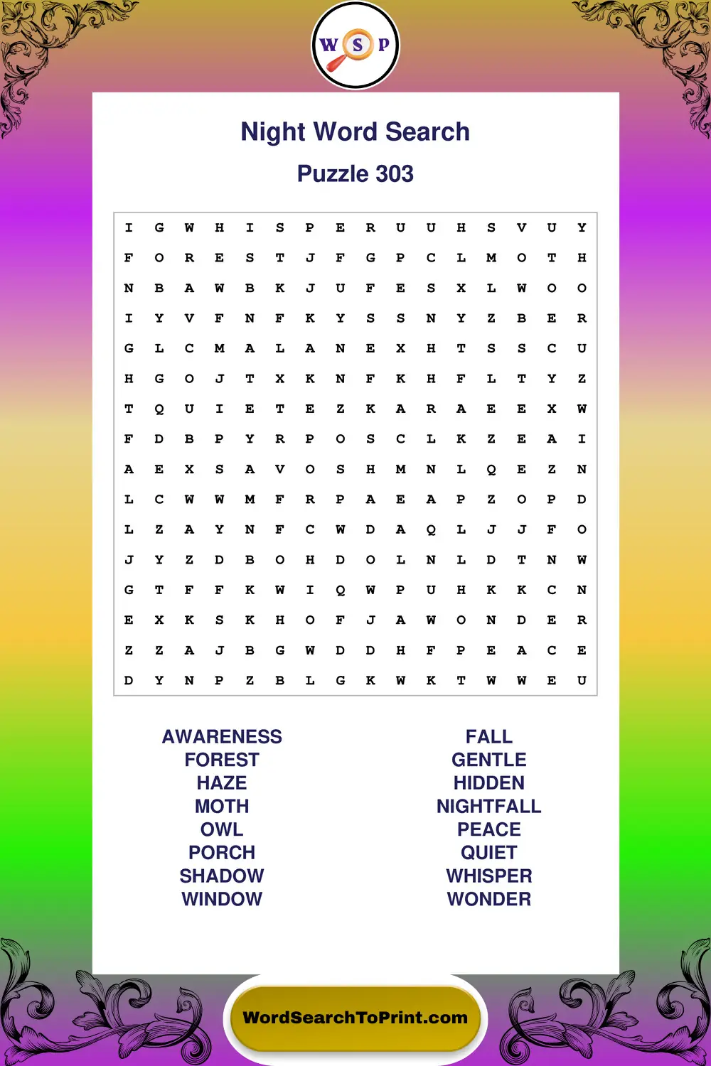 Night Word Search Puzzle 303