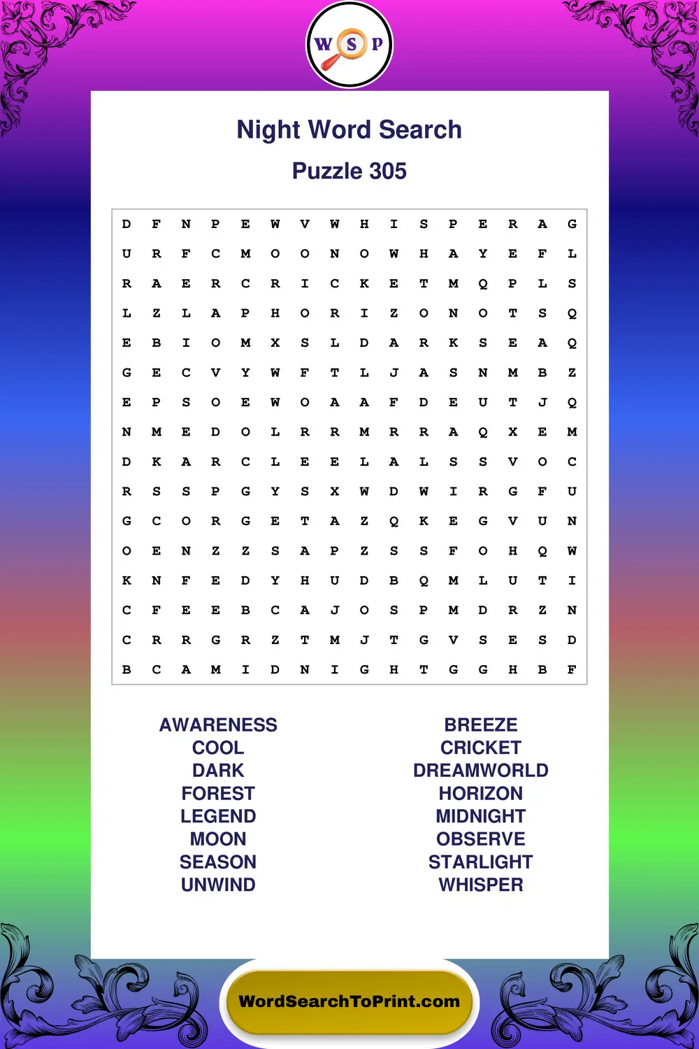 Night Word Search Puzzle 305