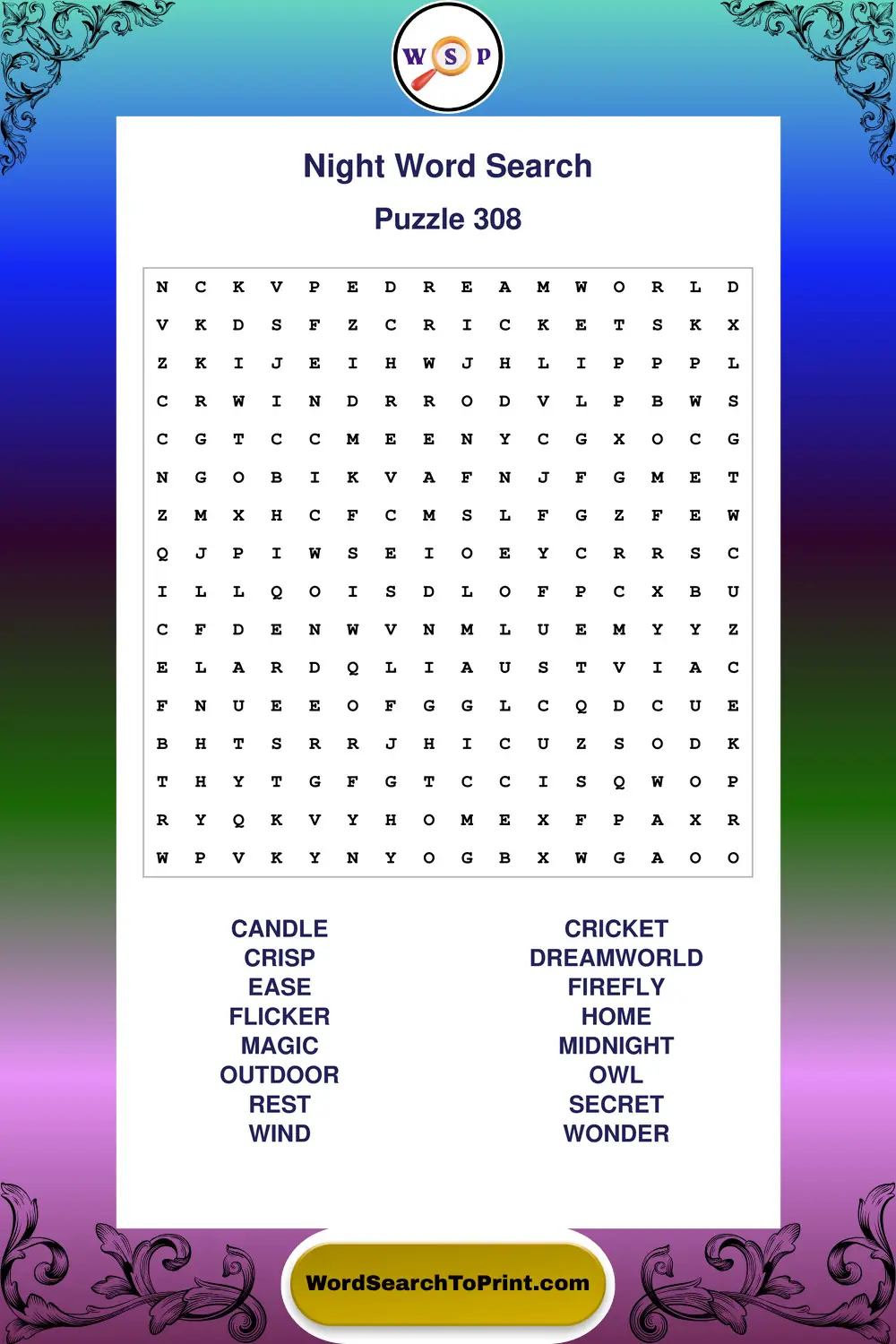 Night Word Search Puzzle 308