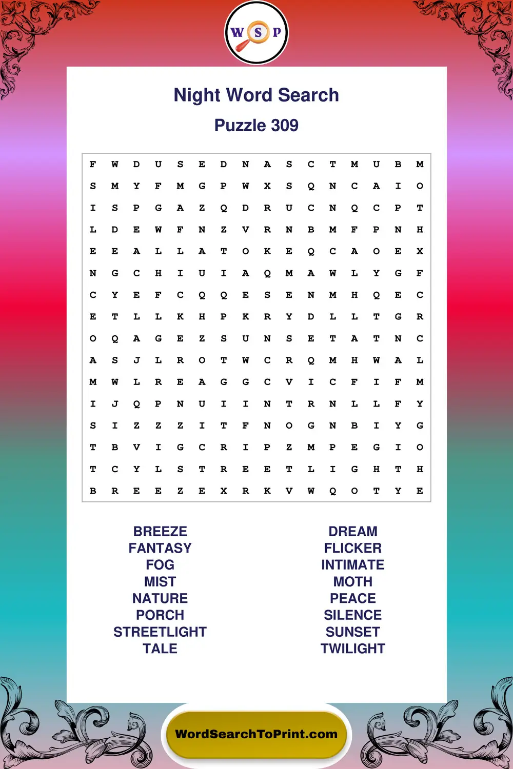 Night Word Search Puzzle 309