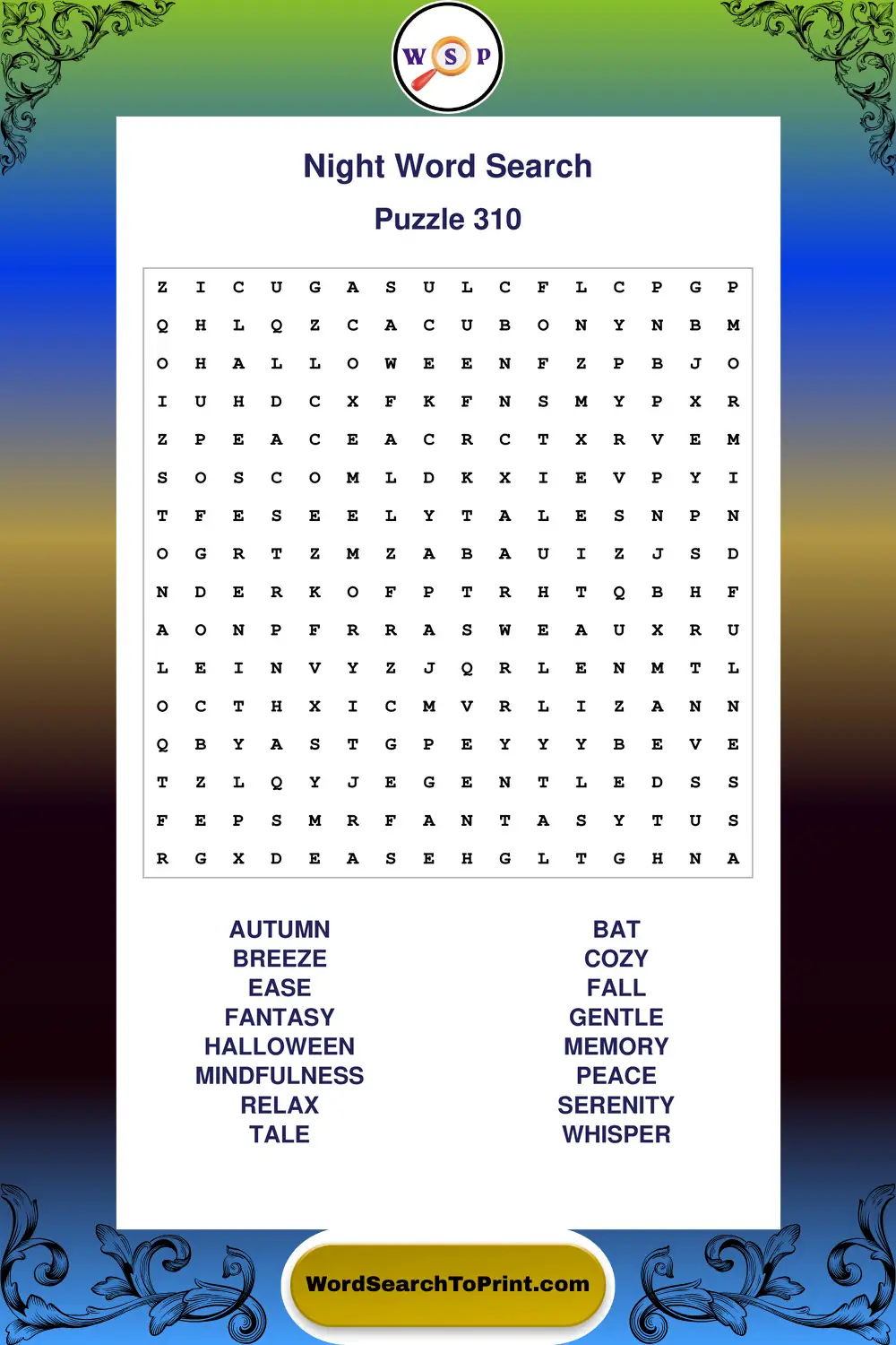Night Word Search Puzzle 310