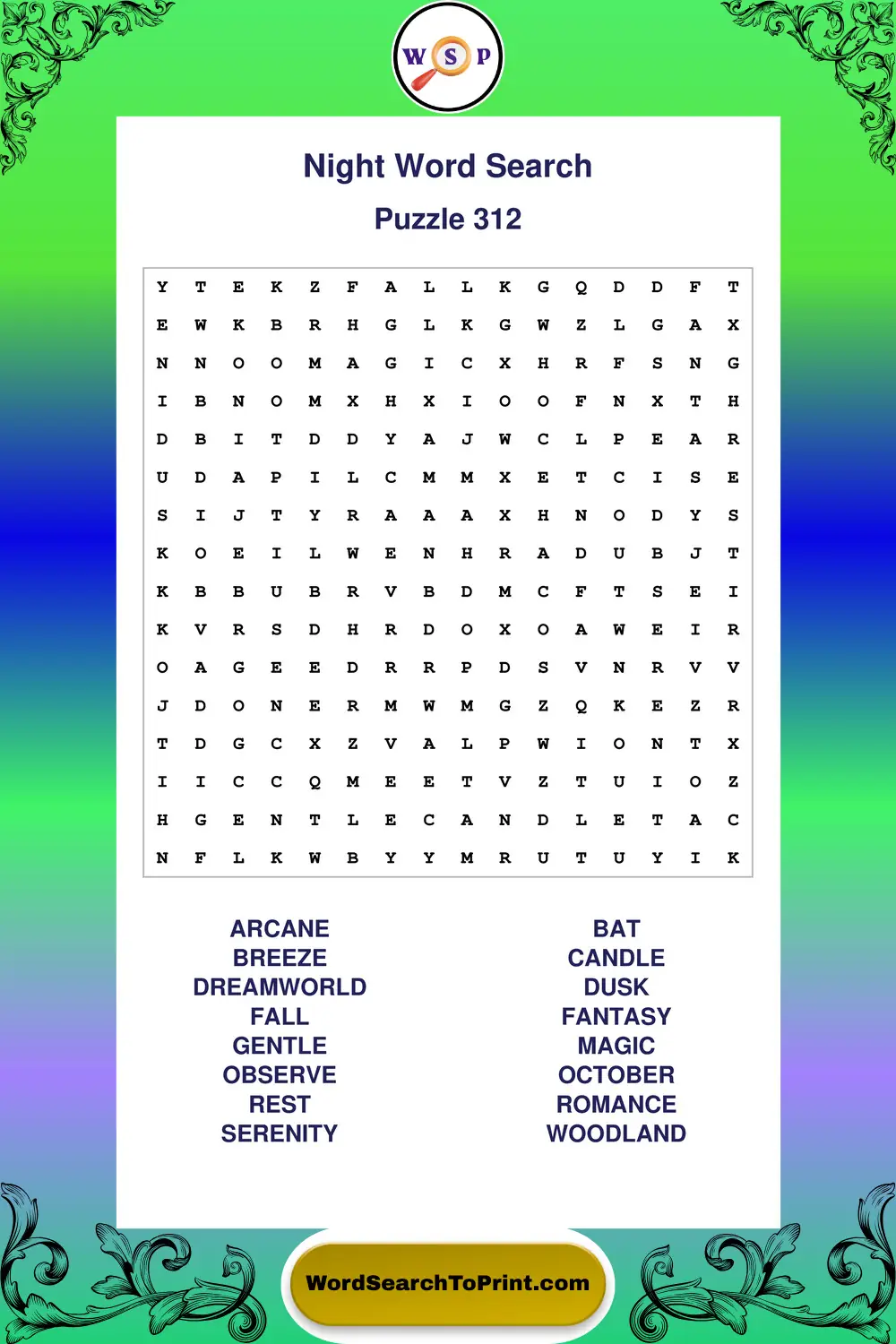 Night Word Search Puzzle 312