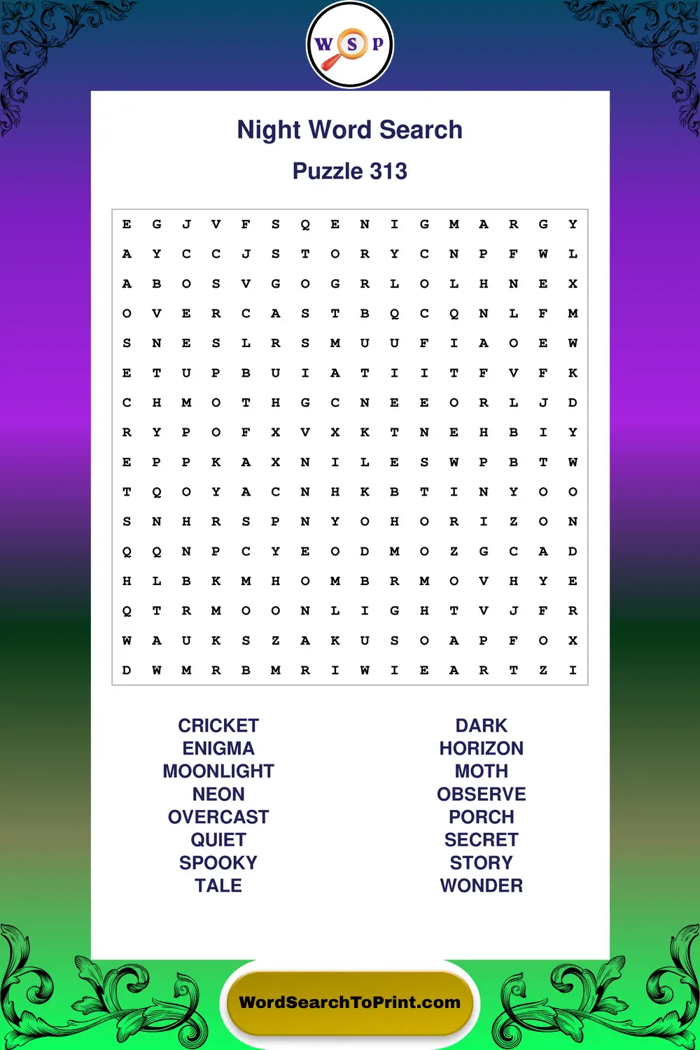 Night Word Search Puzzle 313