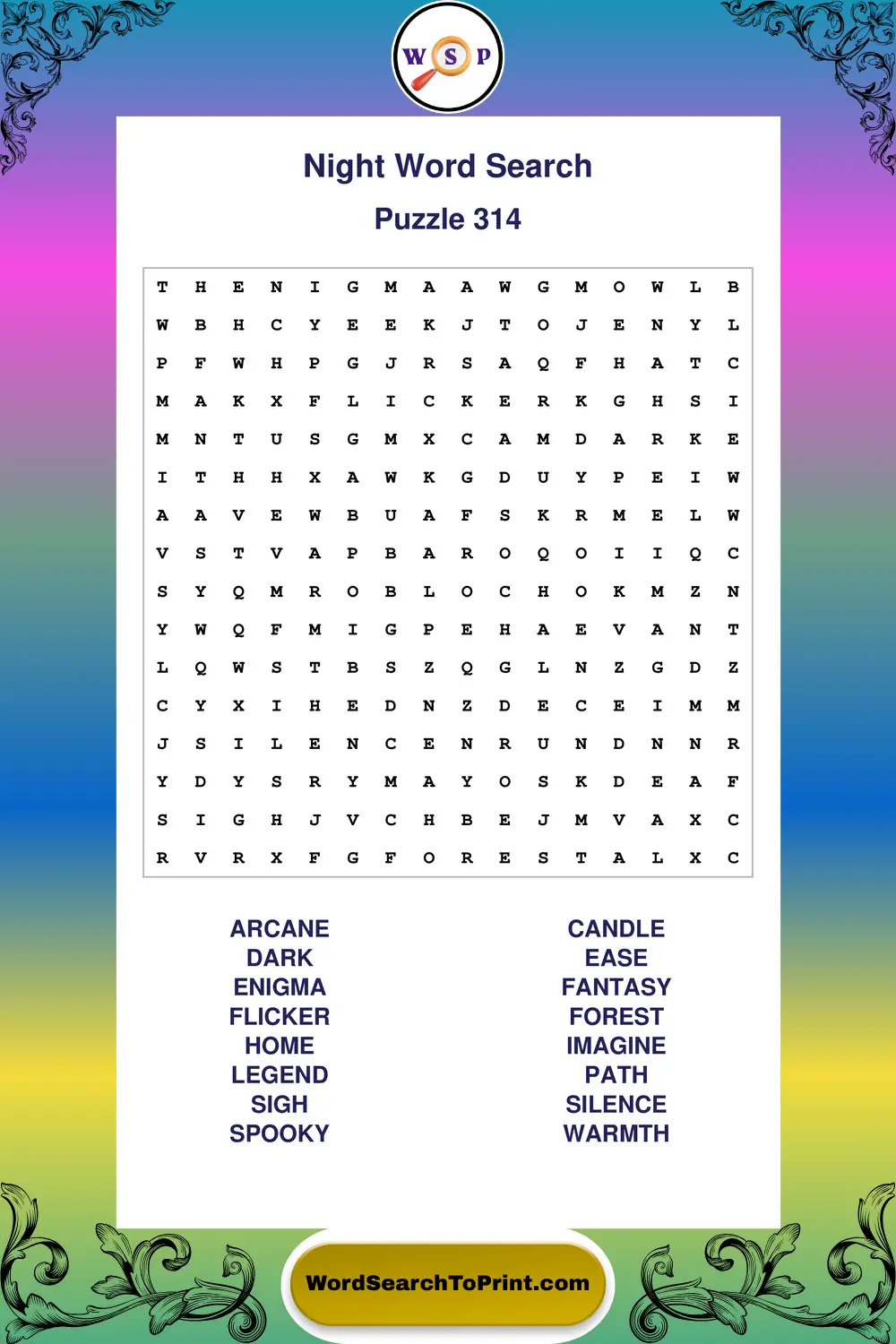 Night Word Search Puzzle 314