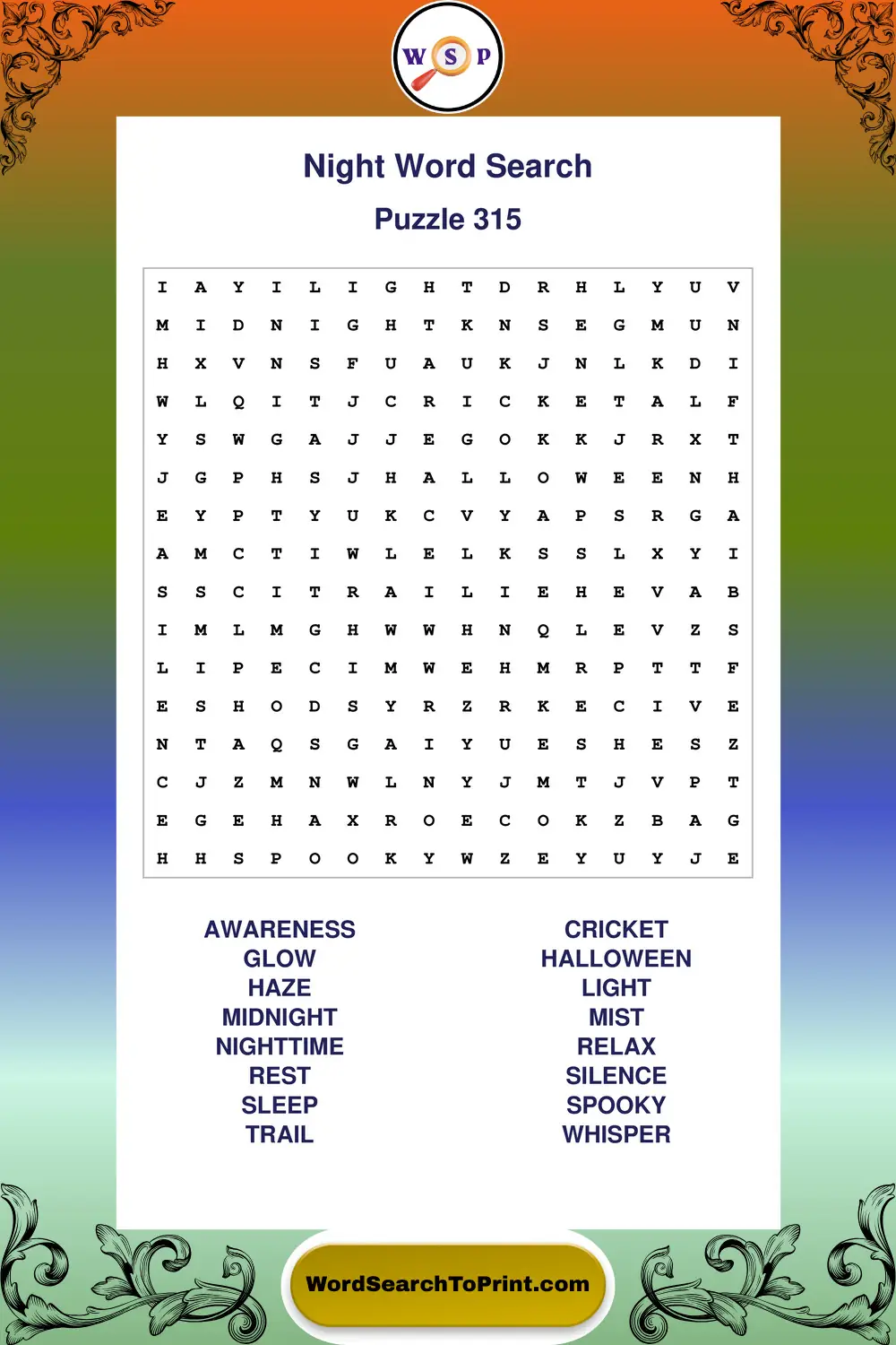 Night Word Search Puzzle 315