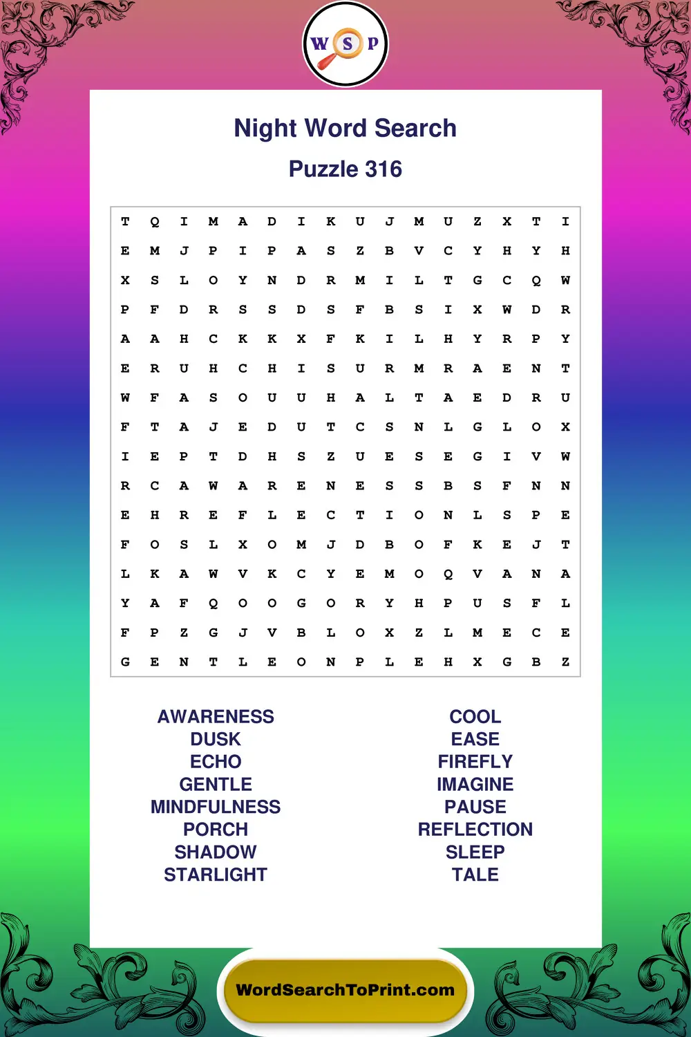 Night Word Search Puzzle 316