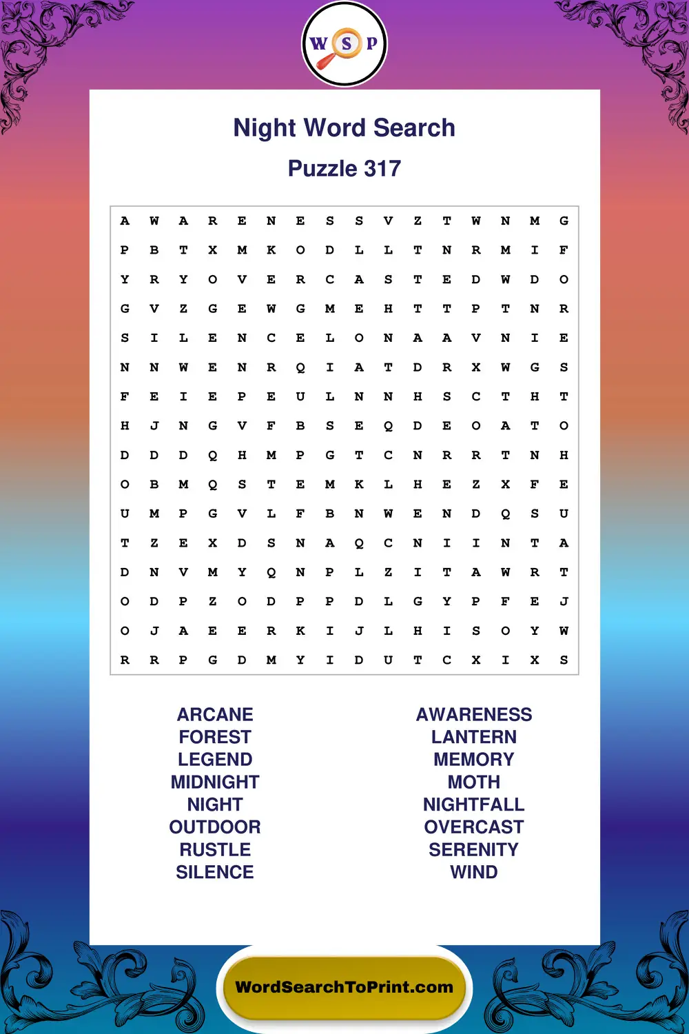 Night Word Search Puzzle 317