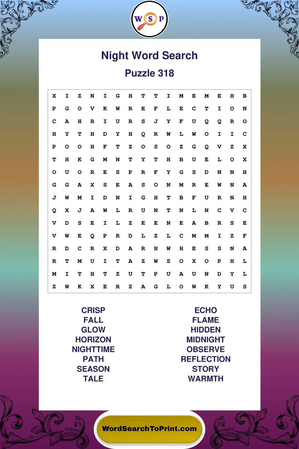 Night Word Search Puzzle 318