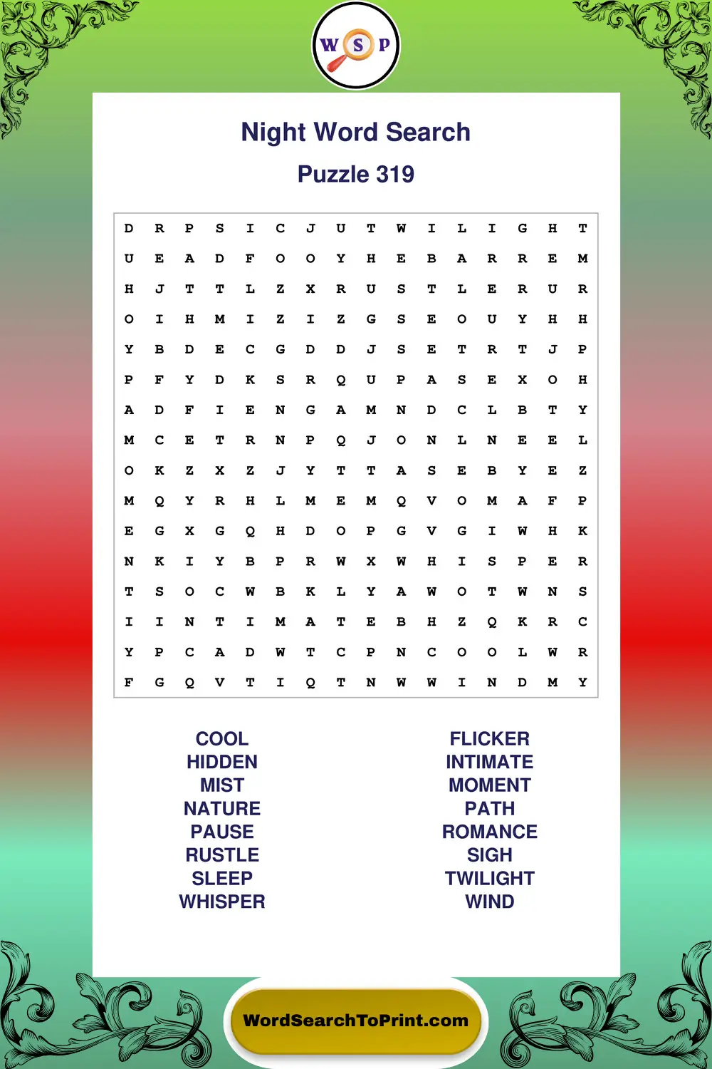 Night Word Search Puzzle 319