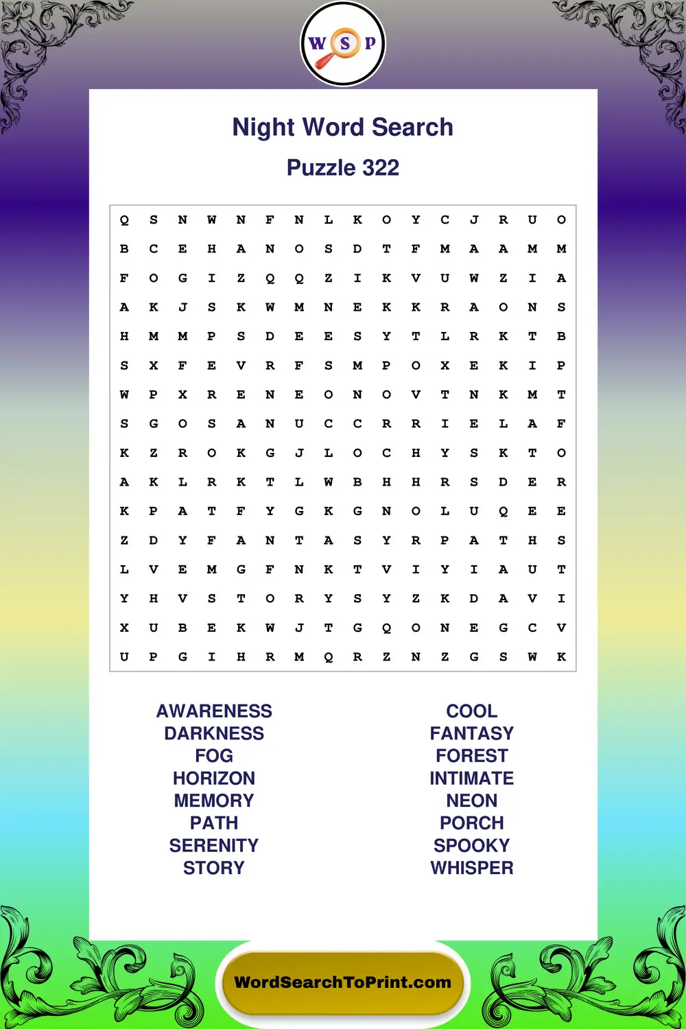 Night Word Search Puzzle 322