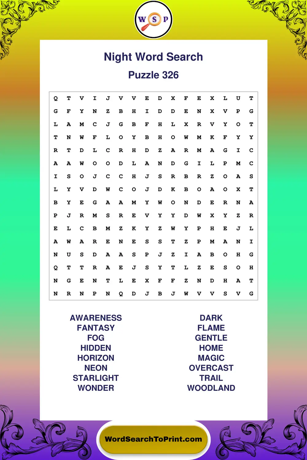 Night Word Search Puzzle 326