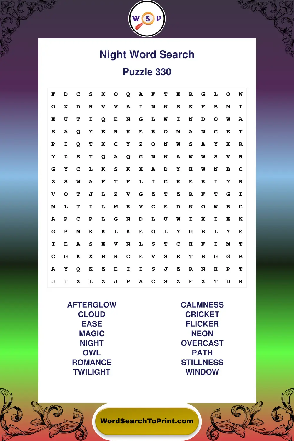 Night Word Search Puzzle 330