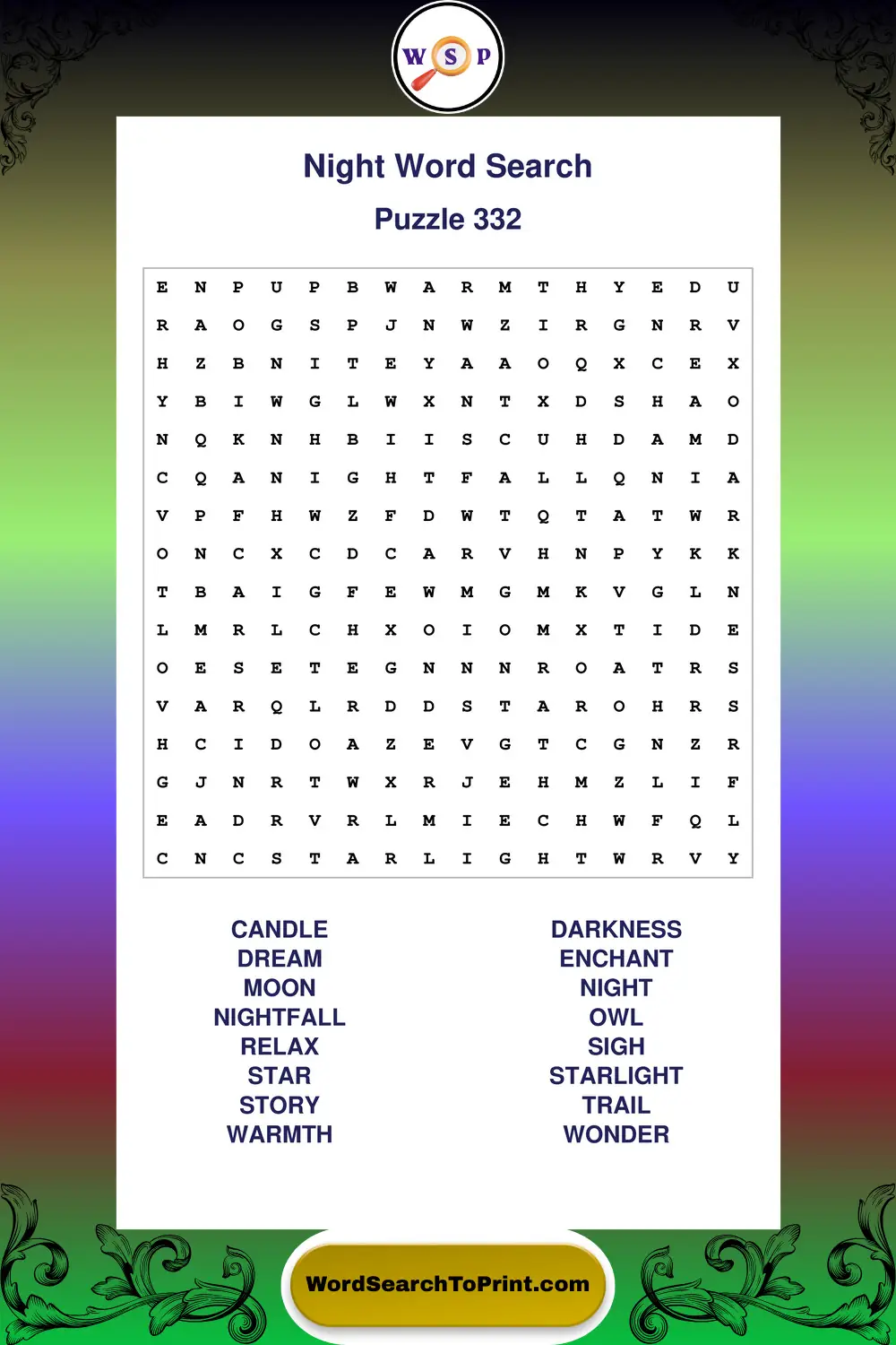 Night Word Search Puzzle 332