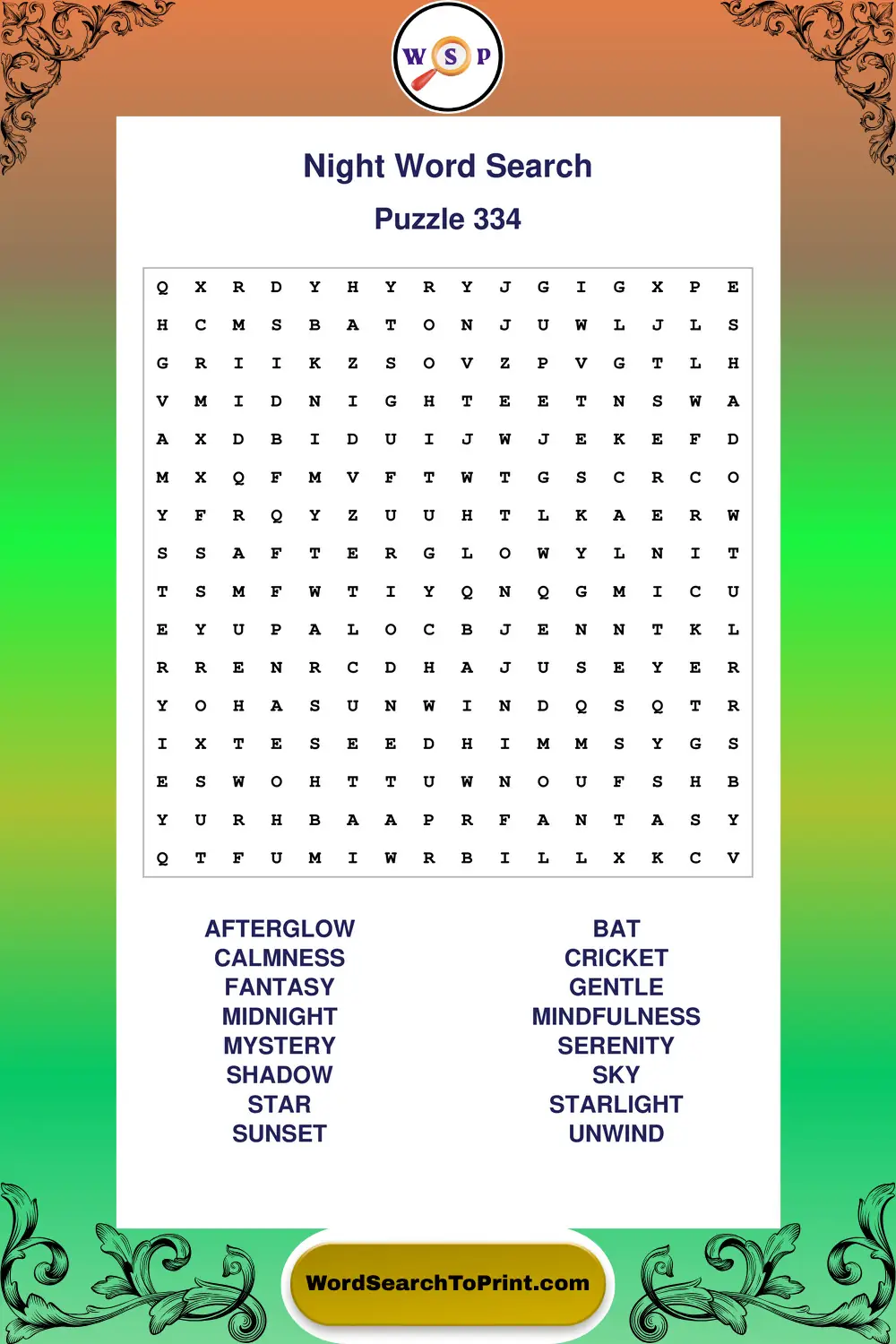 Night Word Search Puzzle 334